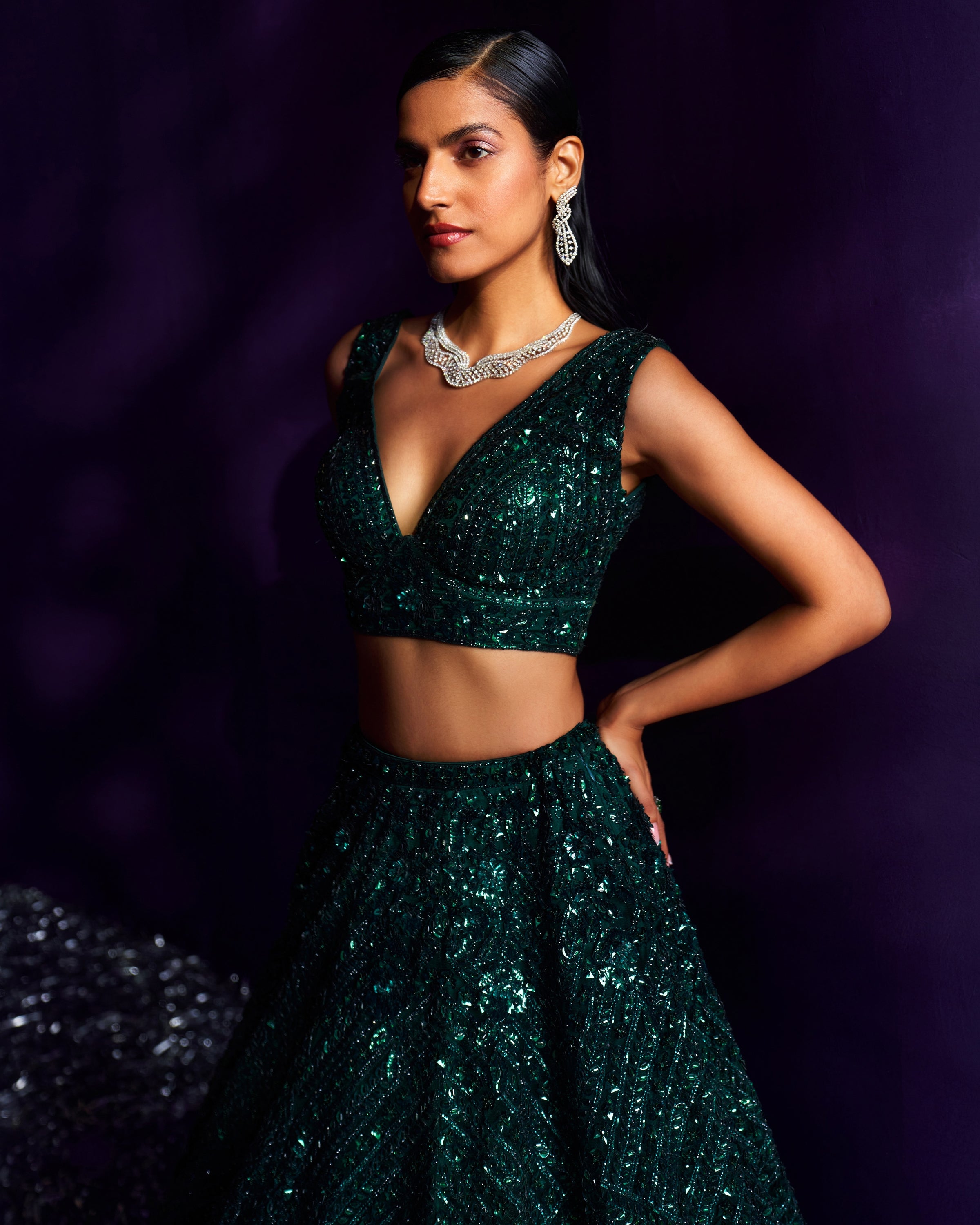 Emerald Green Net Lehenga Set