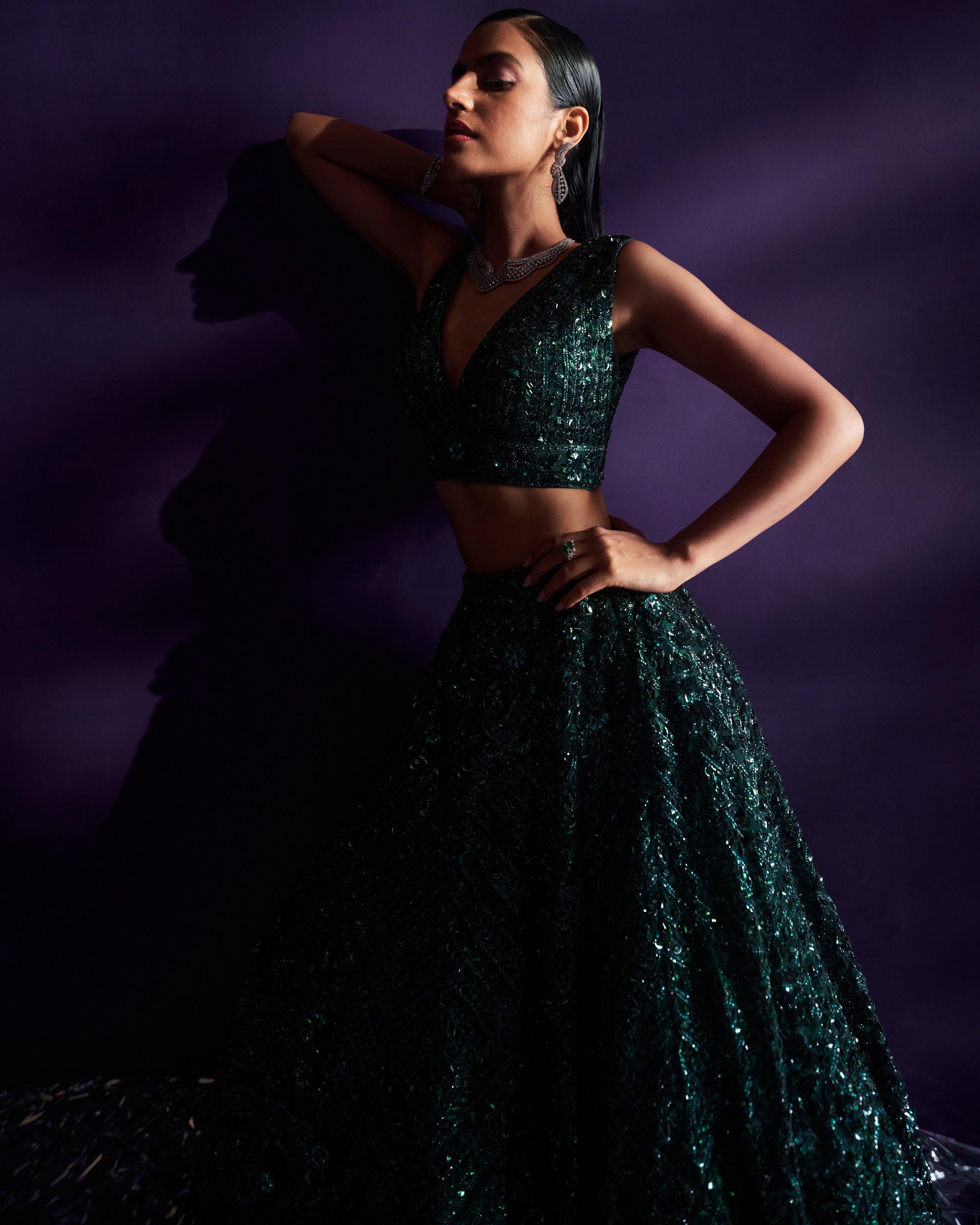 Emerald Green Net Lehenga Set