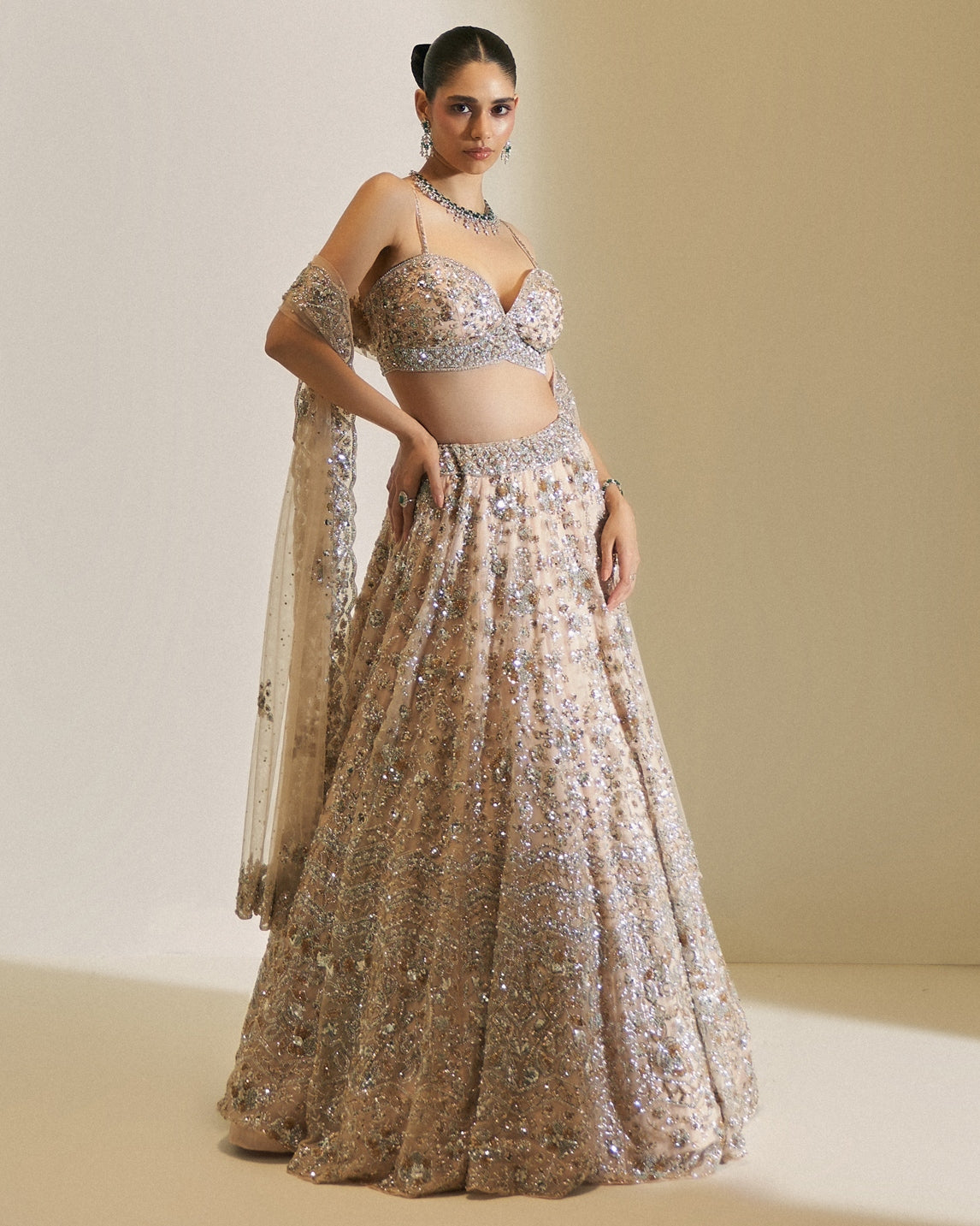 Champagne Crystal Bloom Lehenga Set