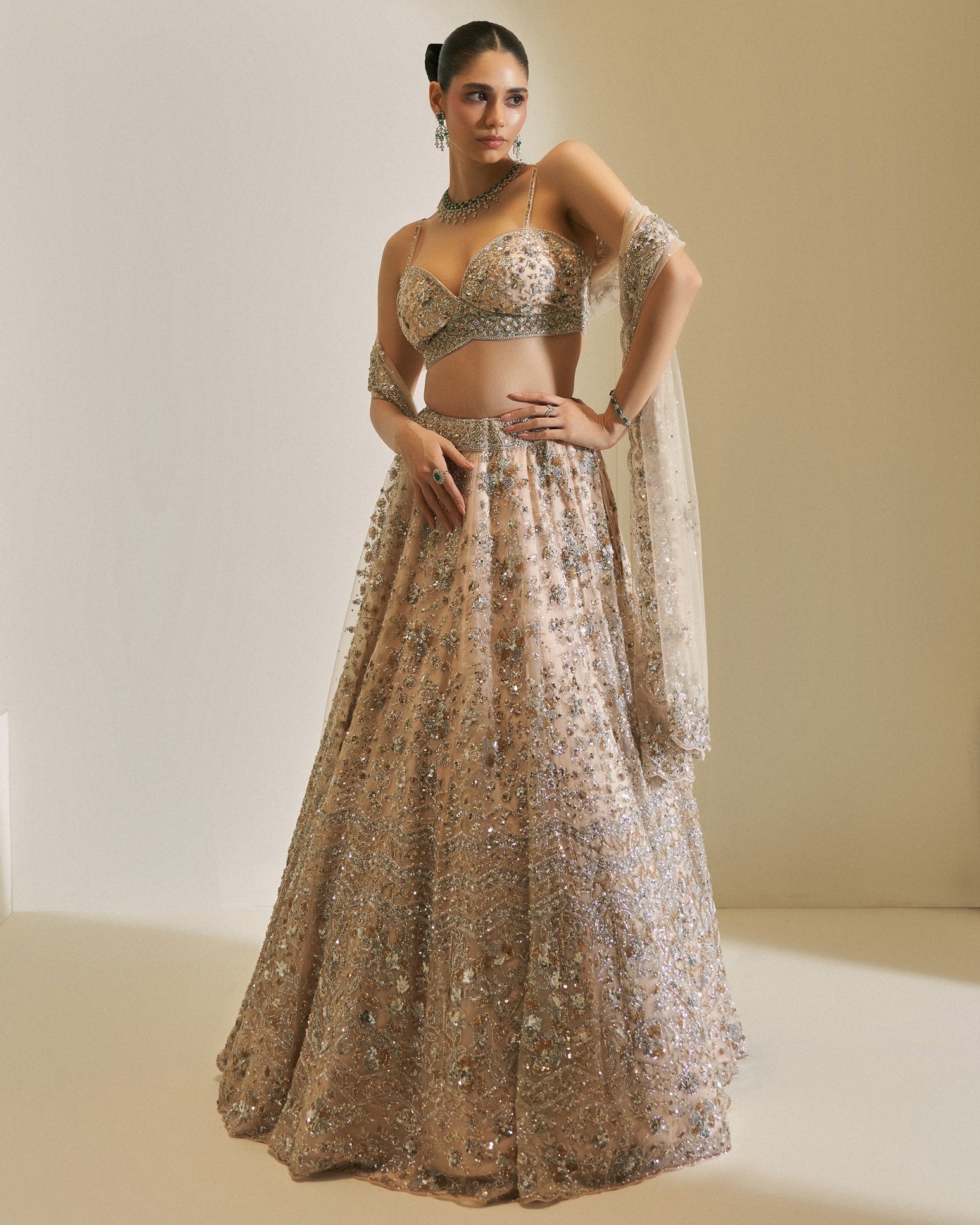 Champagne Crystal Bloom Lehenga Set