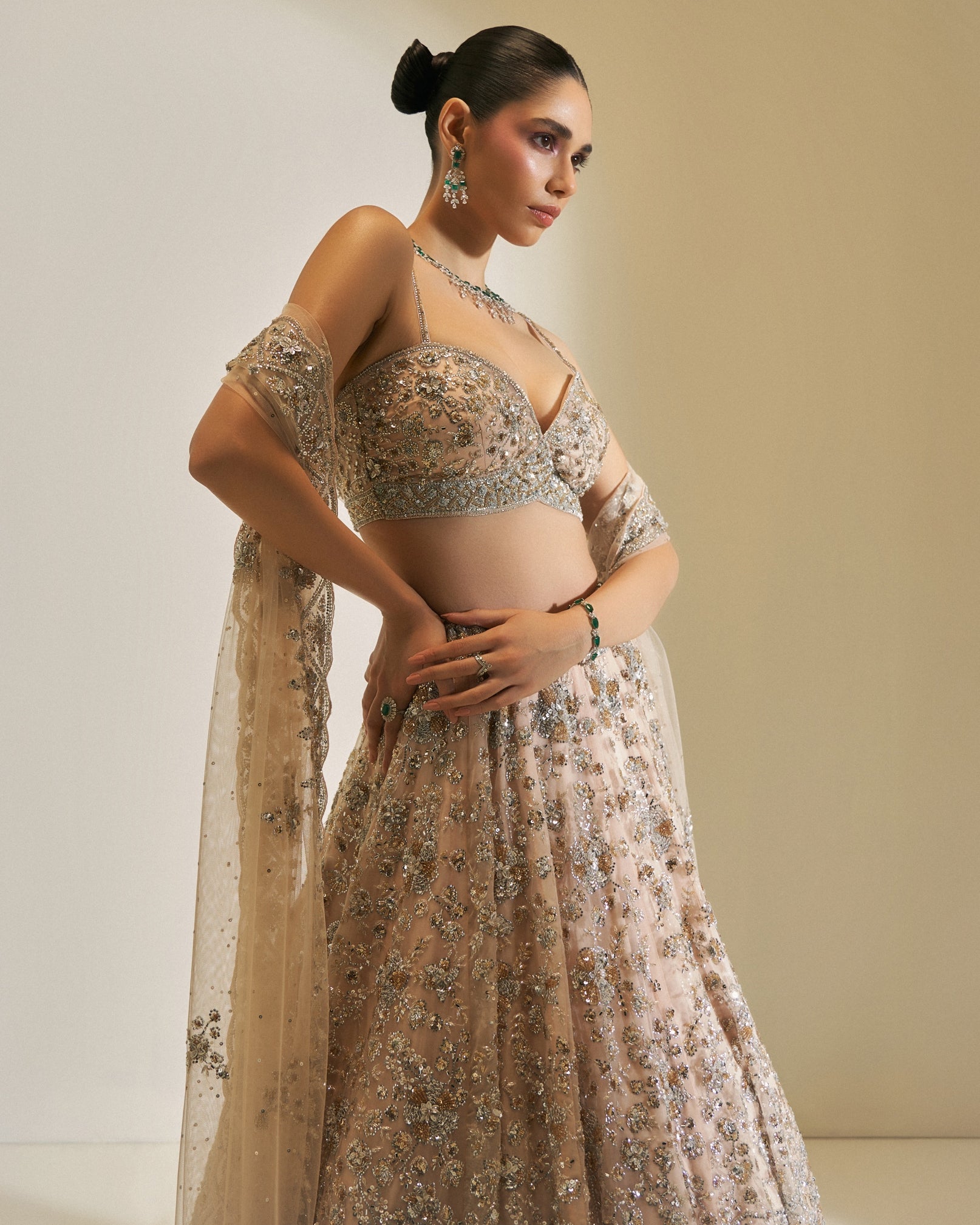 Champagne Crystal Bloom Lehenga Set