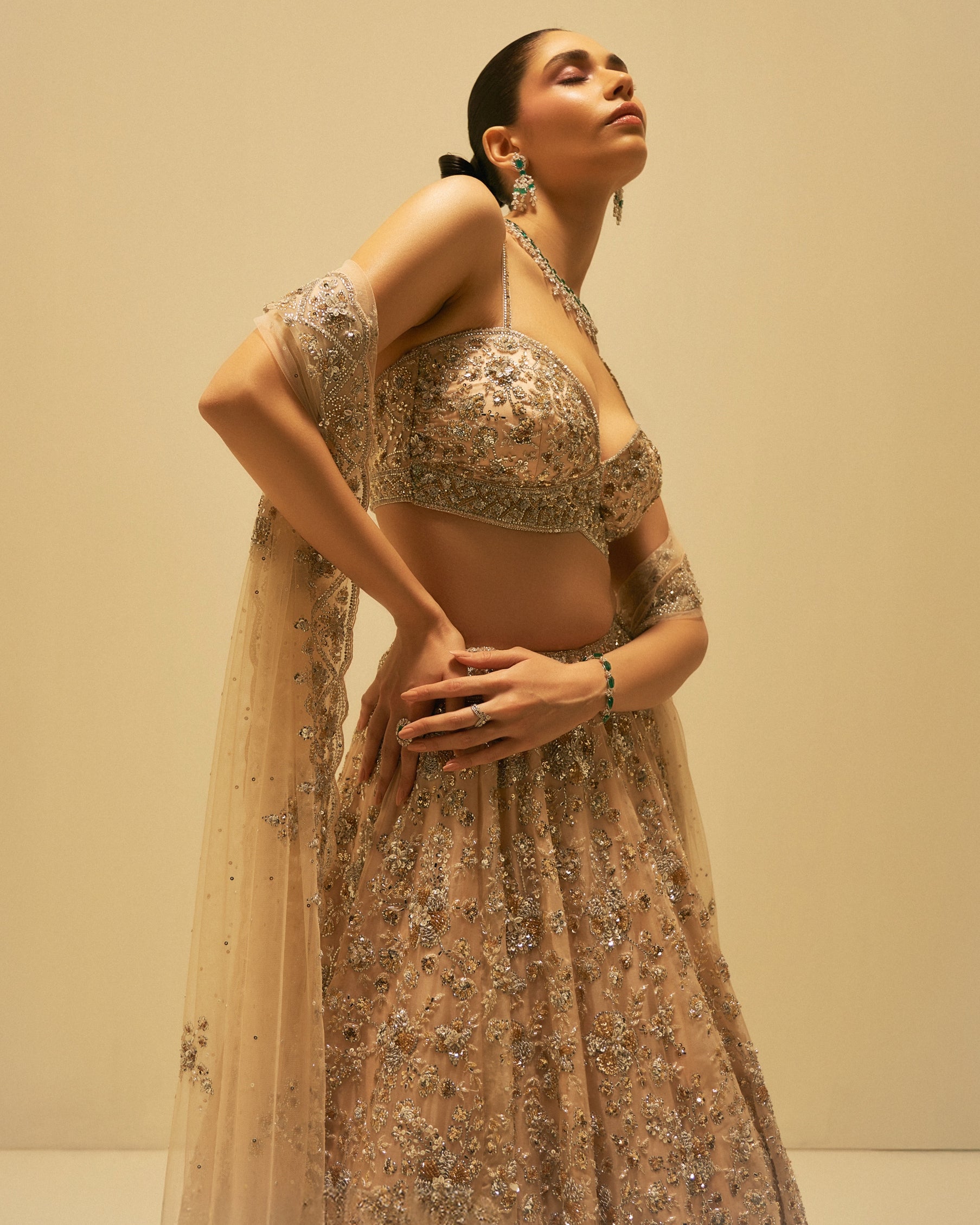 Champagne Crystal Bloom Lehenga Set