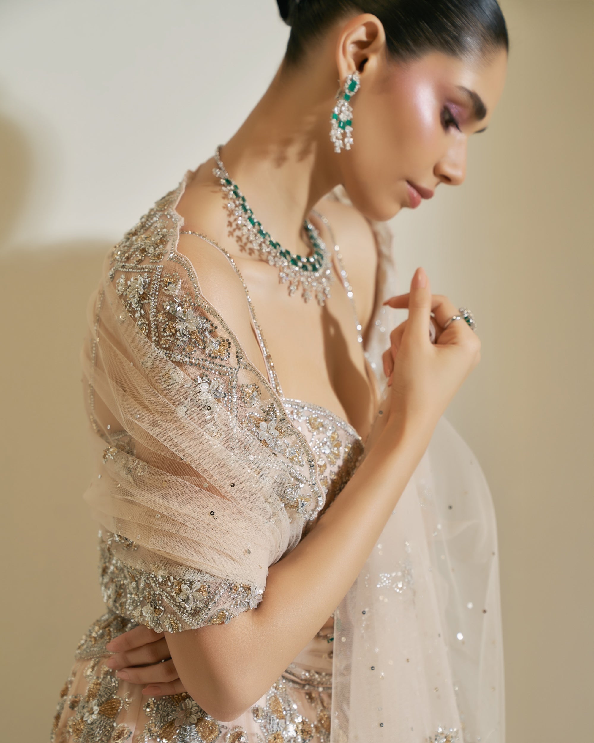 Champagne Crystal Bloom Lehenga Set