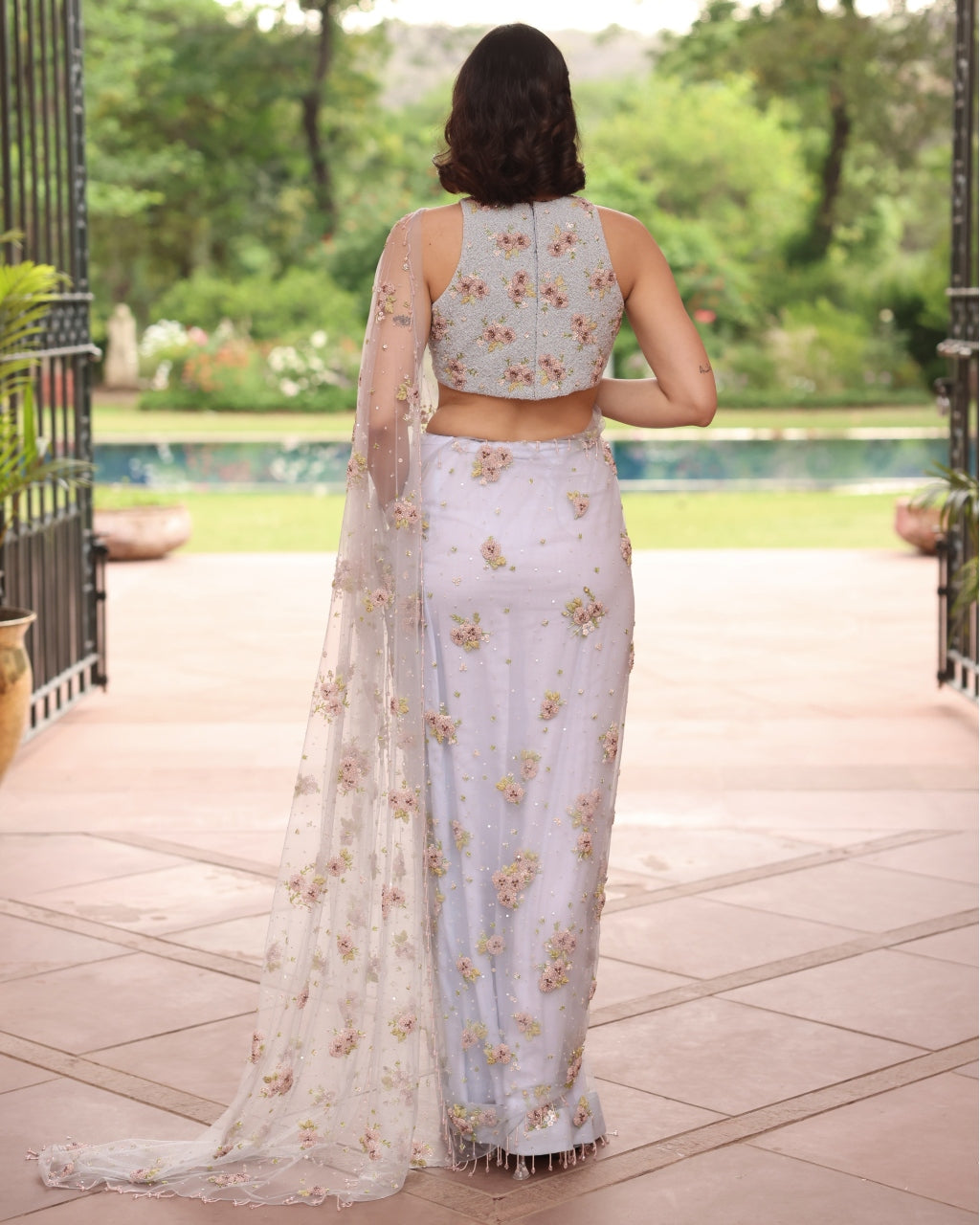 Ice Blue Crystal Garden Sari
