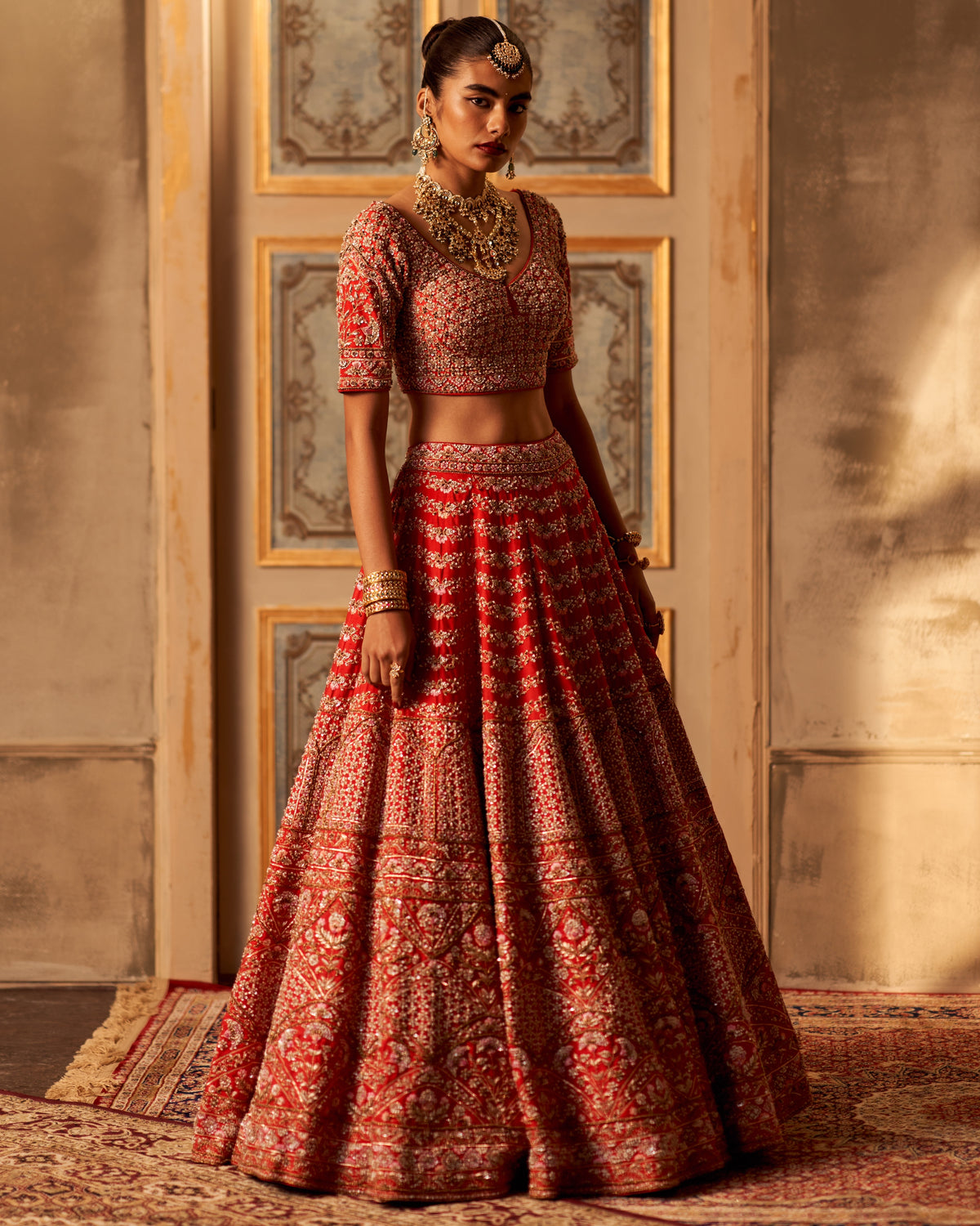 Red Raw Silk Double Dupatta Lehenga Set