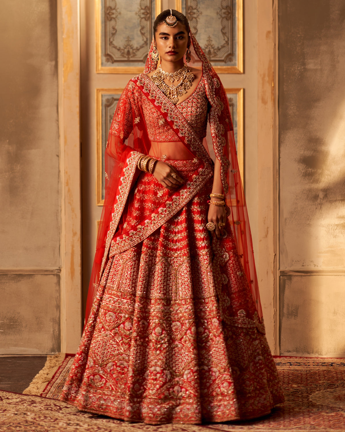Red Raw Silk Double Dupatta Lehenga Set