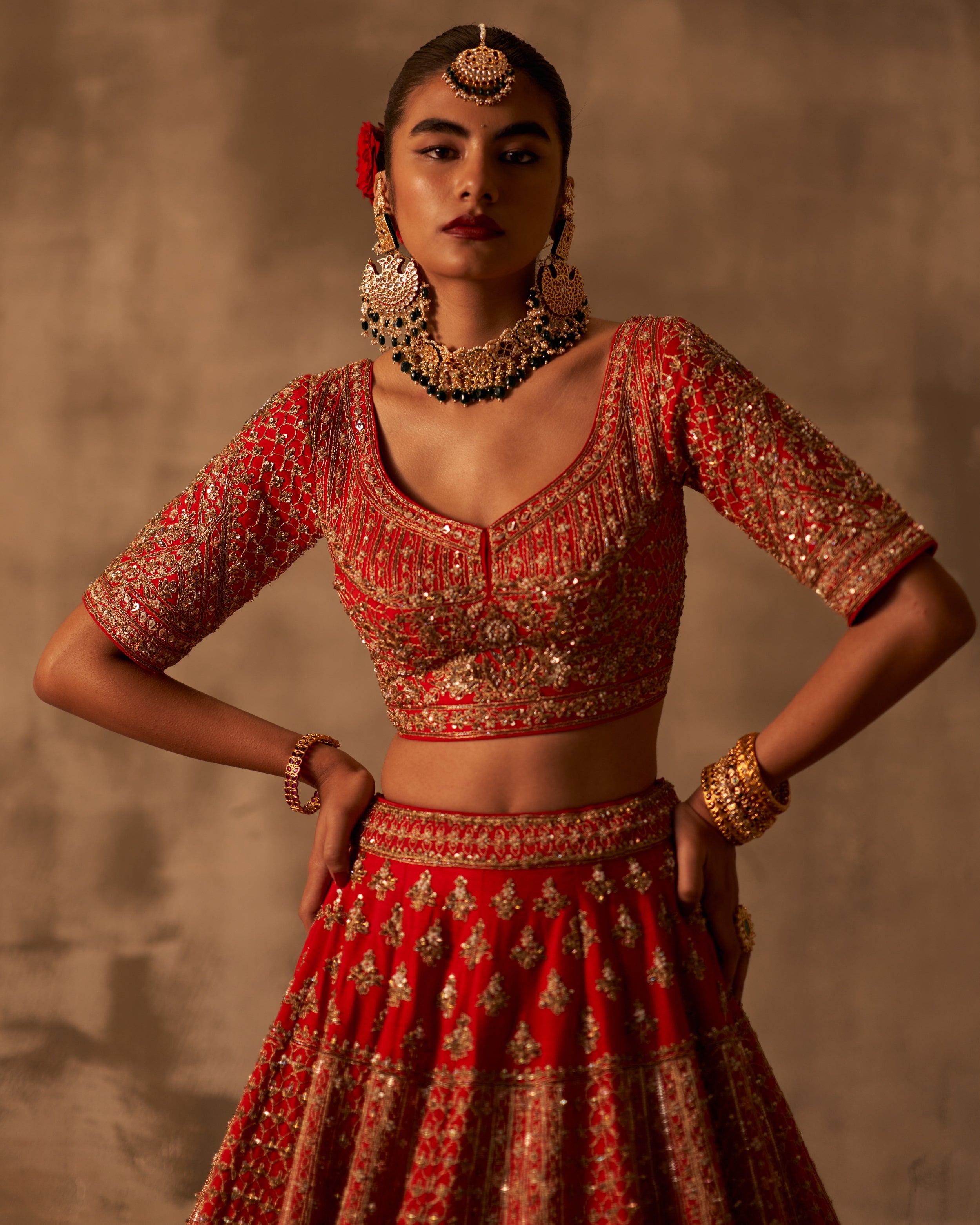 Red Raw Silk Double Dupatta Lehenga Set
