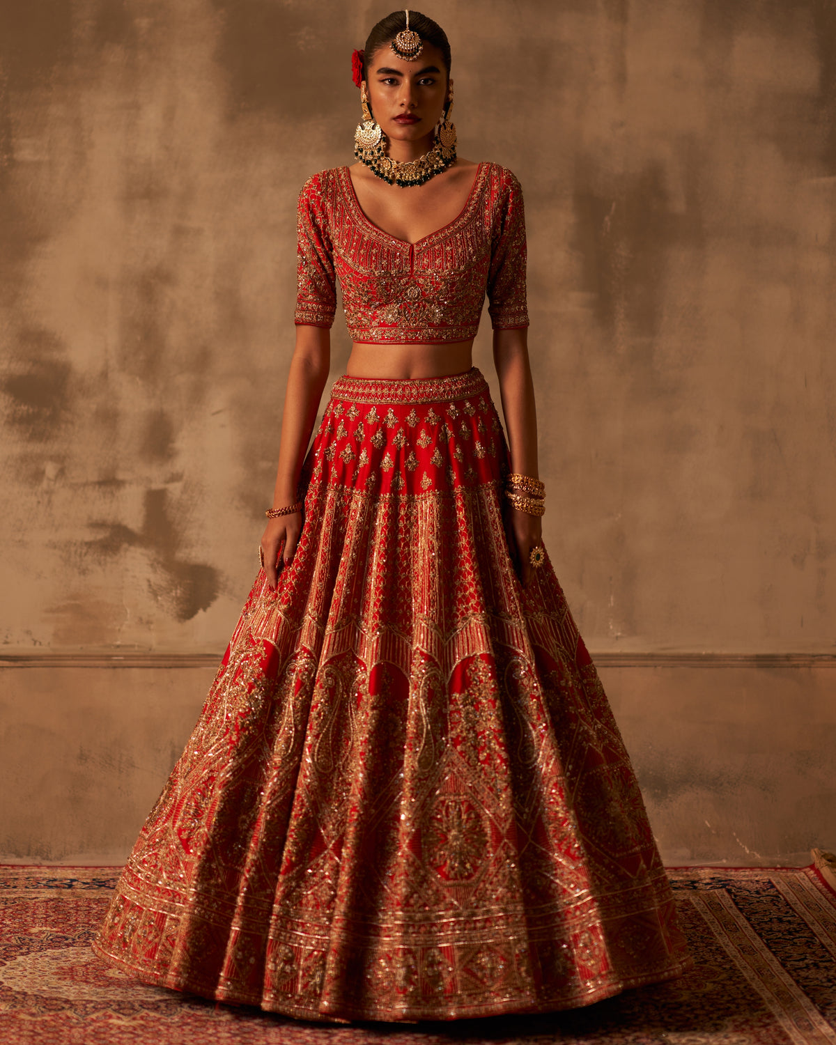 Red Raw Silk Double Dupatta Lehenga Set