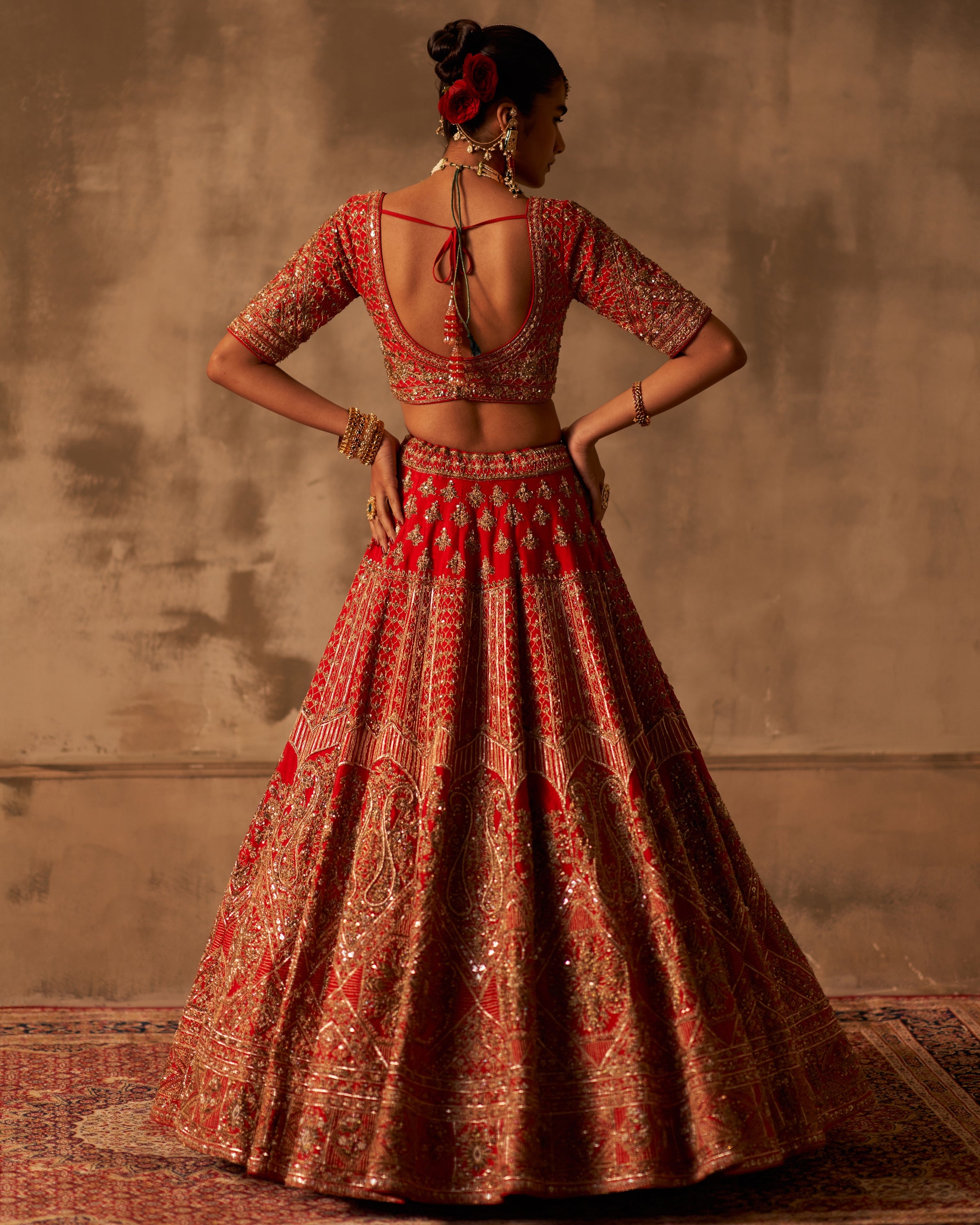 Red Raw Silk Double Dupatta Lehenga Set