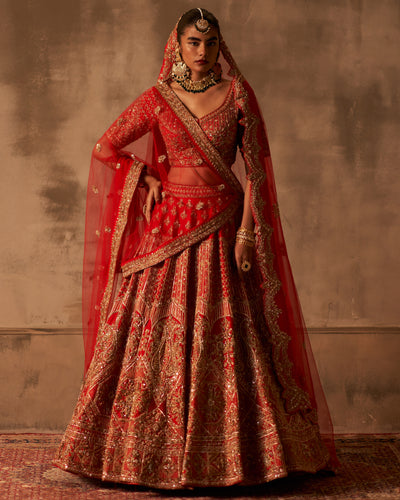 Red Raw Silk Double Dupatta Lehenga Set