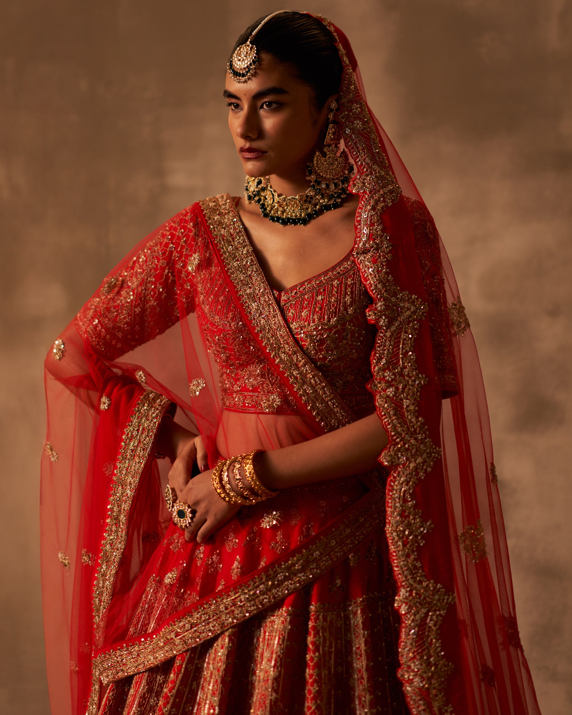 Red Raw Silk Double Dupatta Lehenga Set