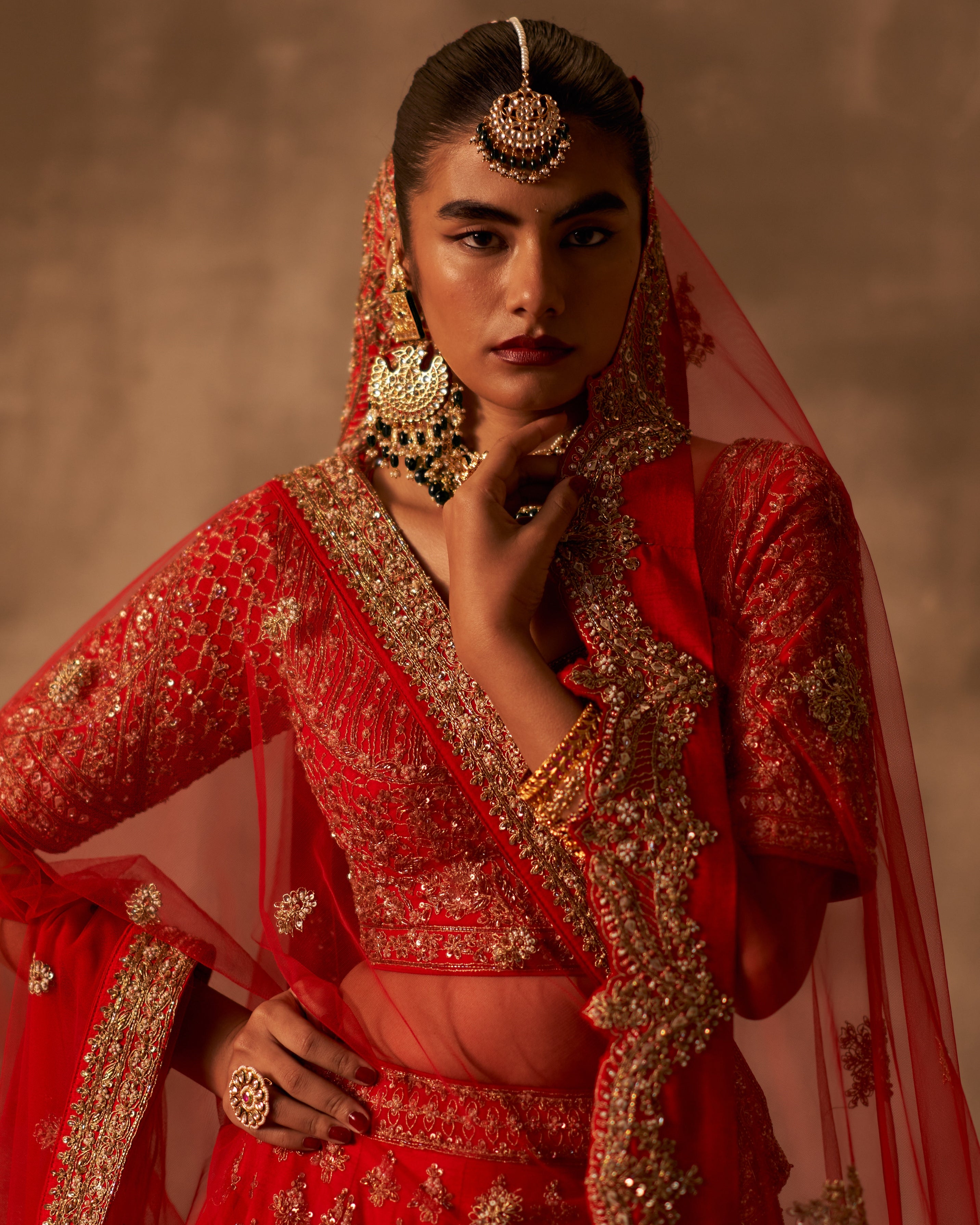 Red Raw Silk Double Dupatta Lehenga Set