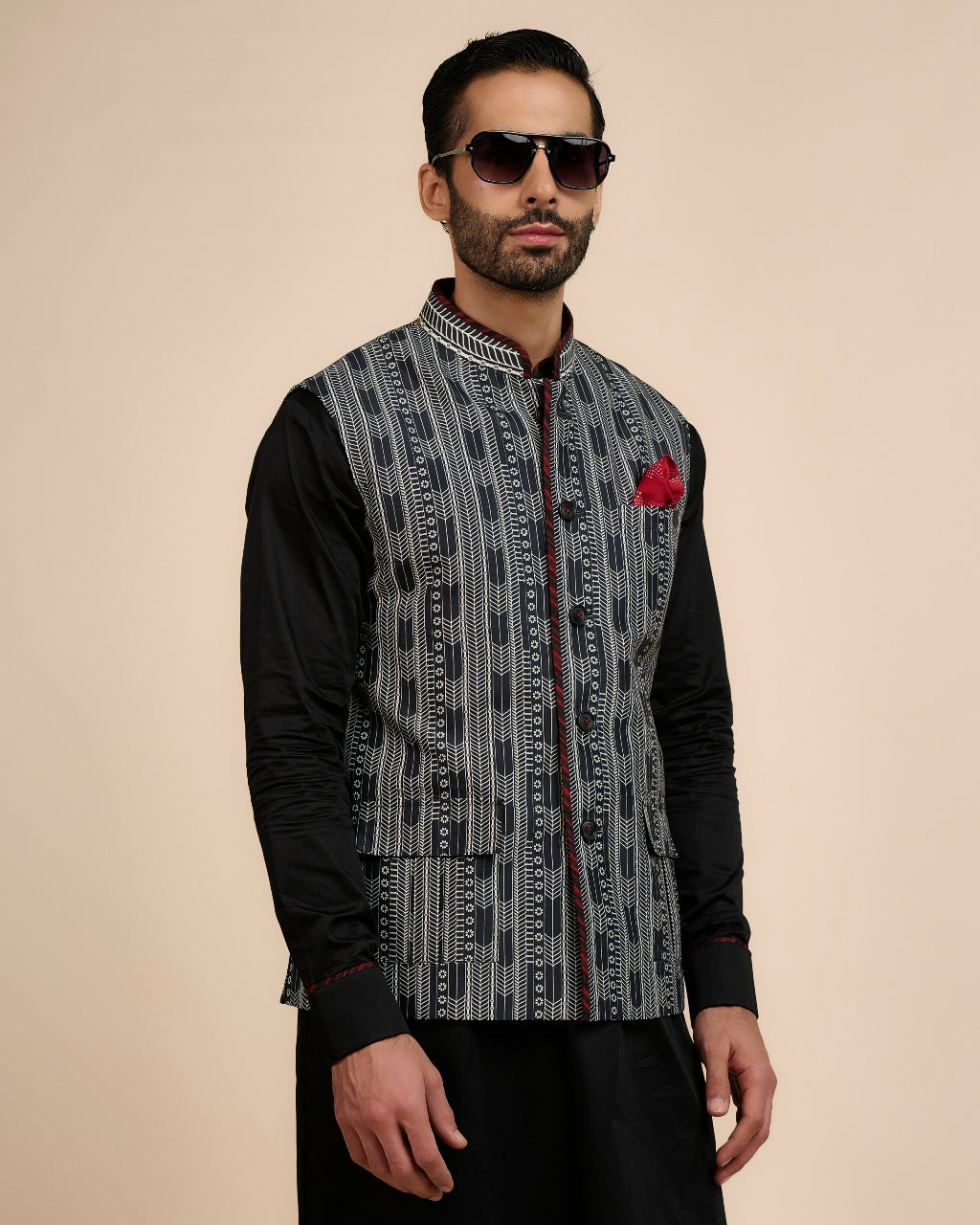 Chevron Printed Nehru Jacket Set