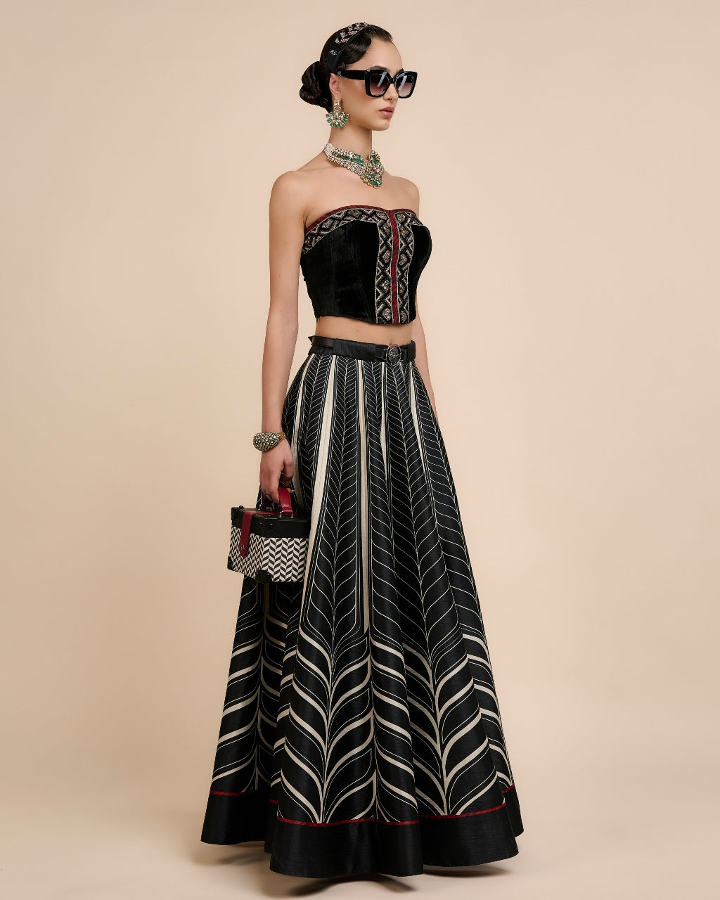 Noir Chevron Corset Skirt Set