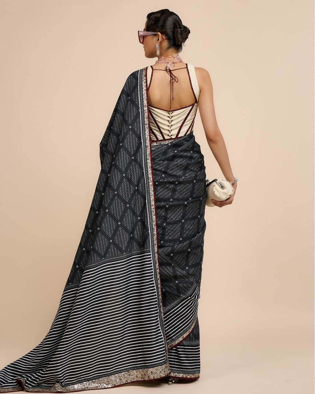 Ivory - Midnight Blue Chevron Saree Set