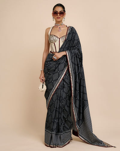Ivory - Midnight Blue Chevron Saree Set