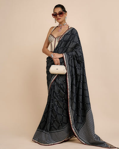 Ivory - Midnight Blue Chevron Saree Set