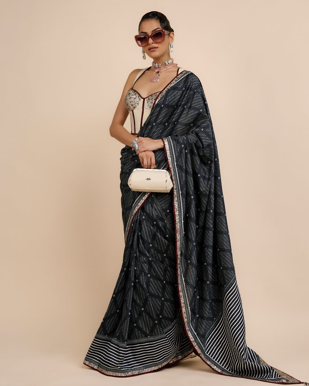 Ivory - Midnight Blue Chevron Saree Set