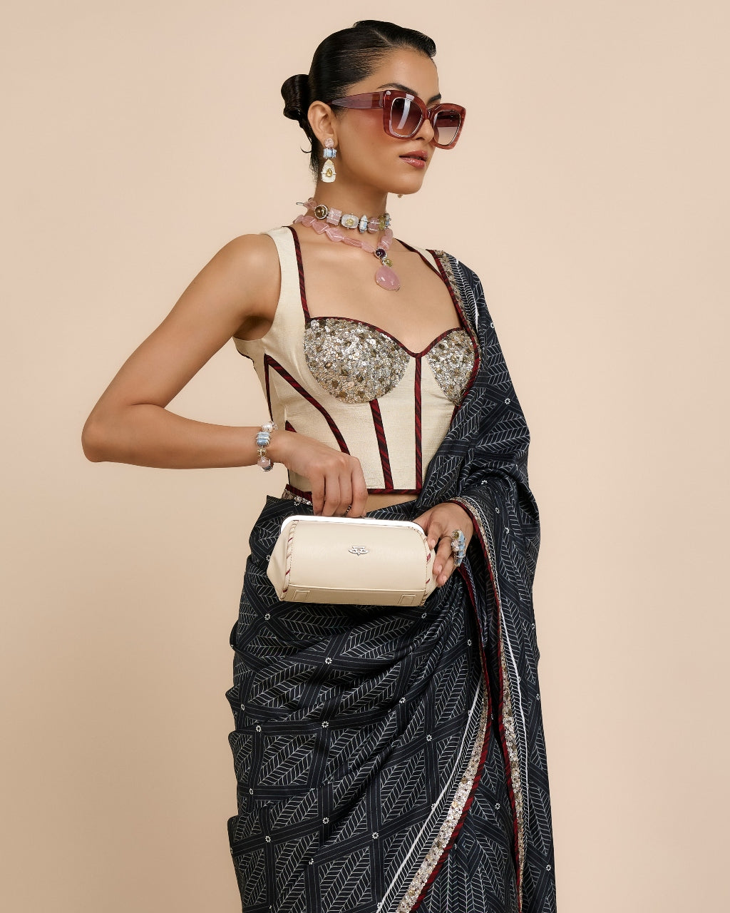 Ivory - Midnight Blue Chevron Saree Set
