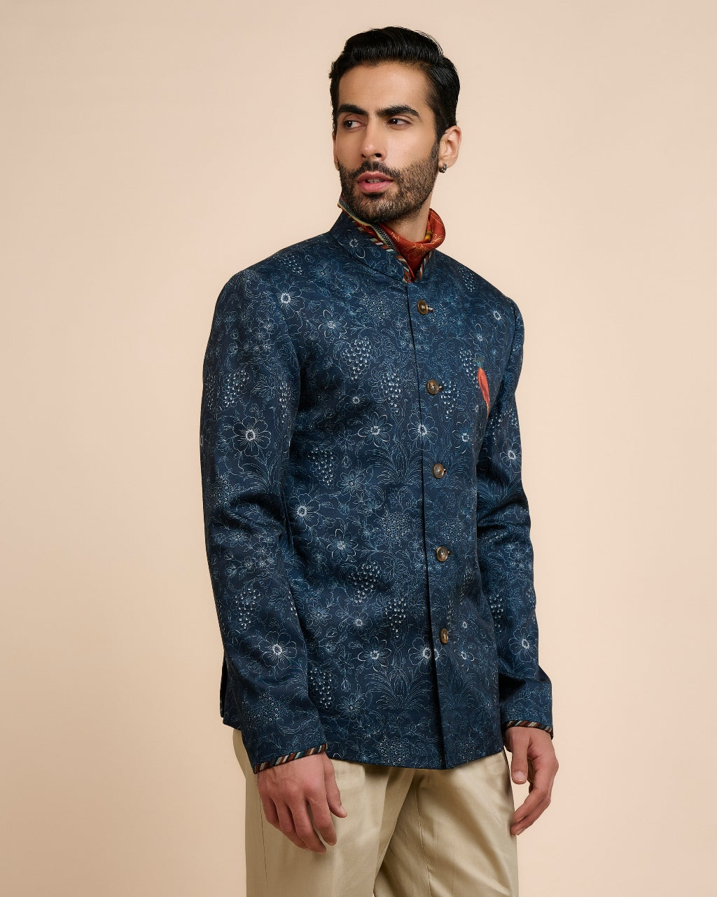Marine Blue Printed Bandhgala Sets