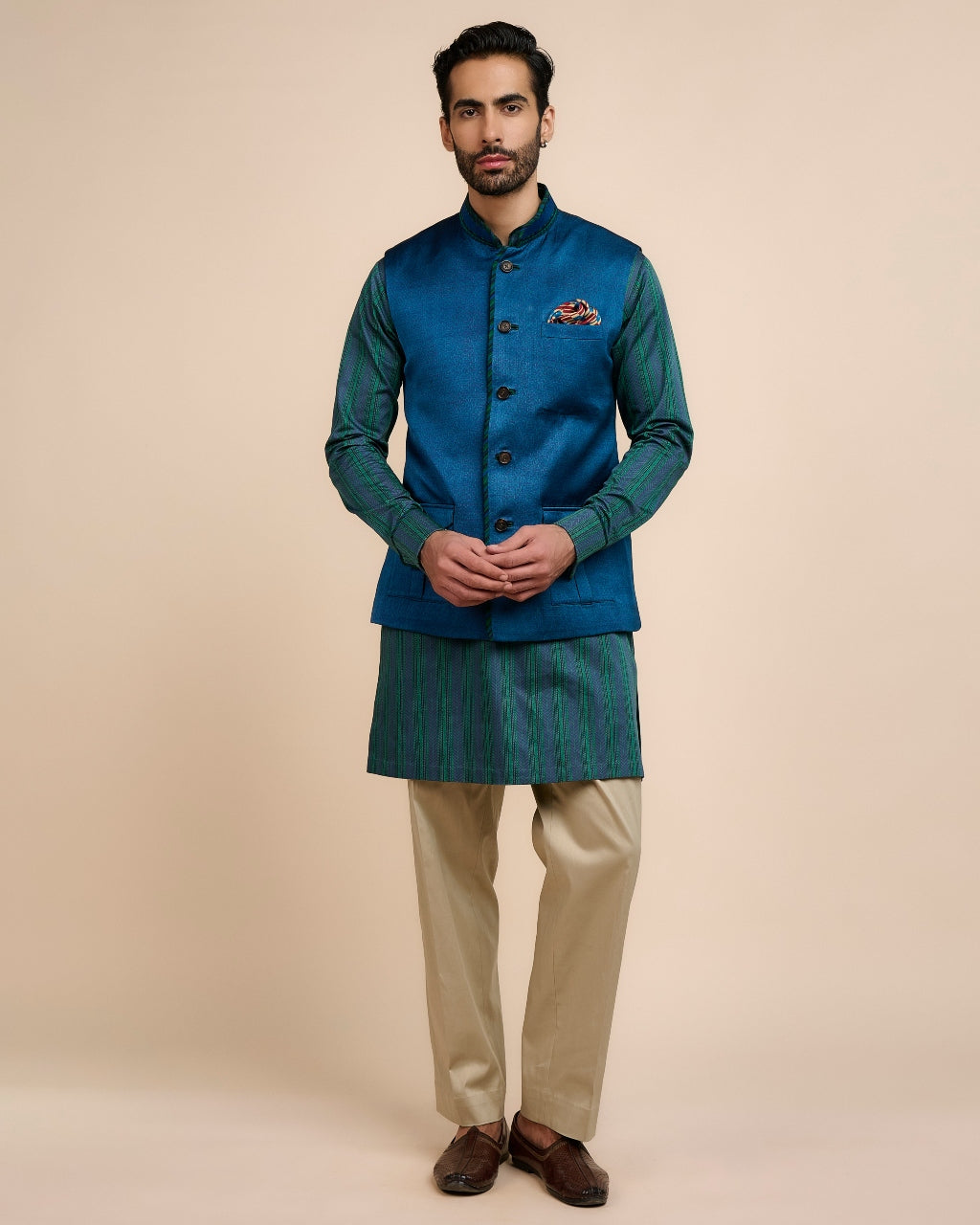 Navy Blue Printed Nehru Jacket Sets