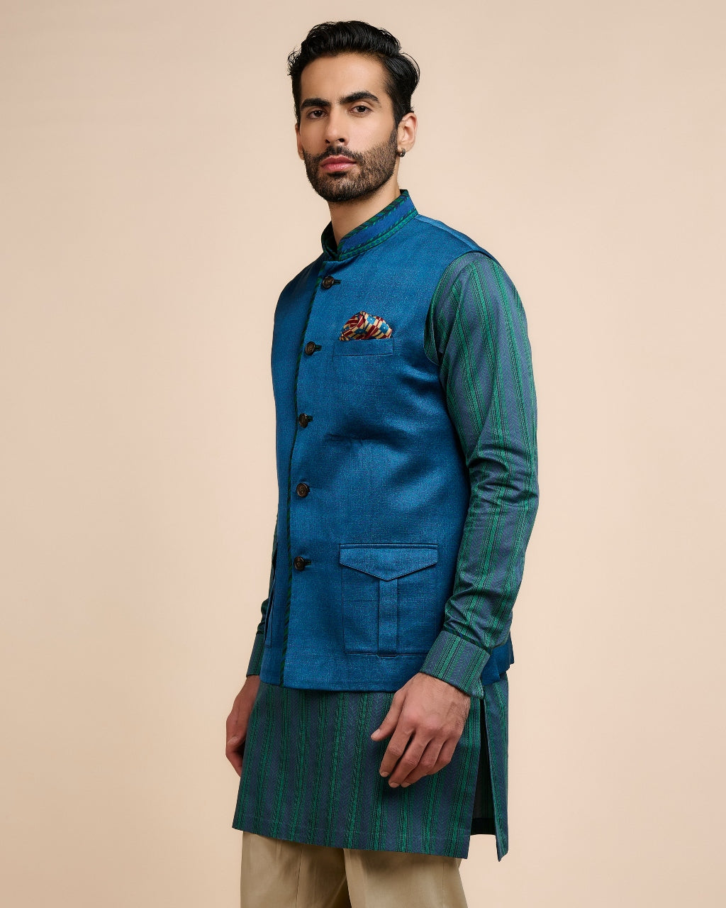 Navy Blue Printed Nehru Jacket Sets