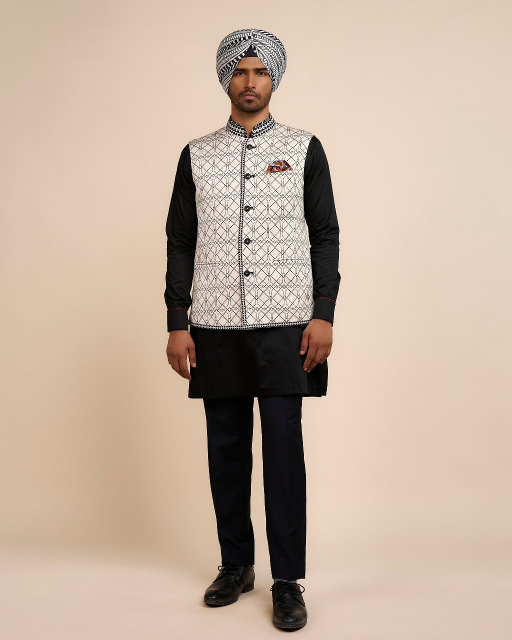 Creme Ivory Printed Nehru Jacket Sets