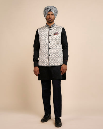 Creme Ivory Printed Nehru Jacket Sets