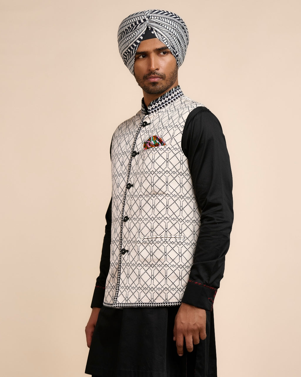 Creme Ivory Printed Nehru Jacket Sets