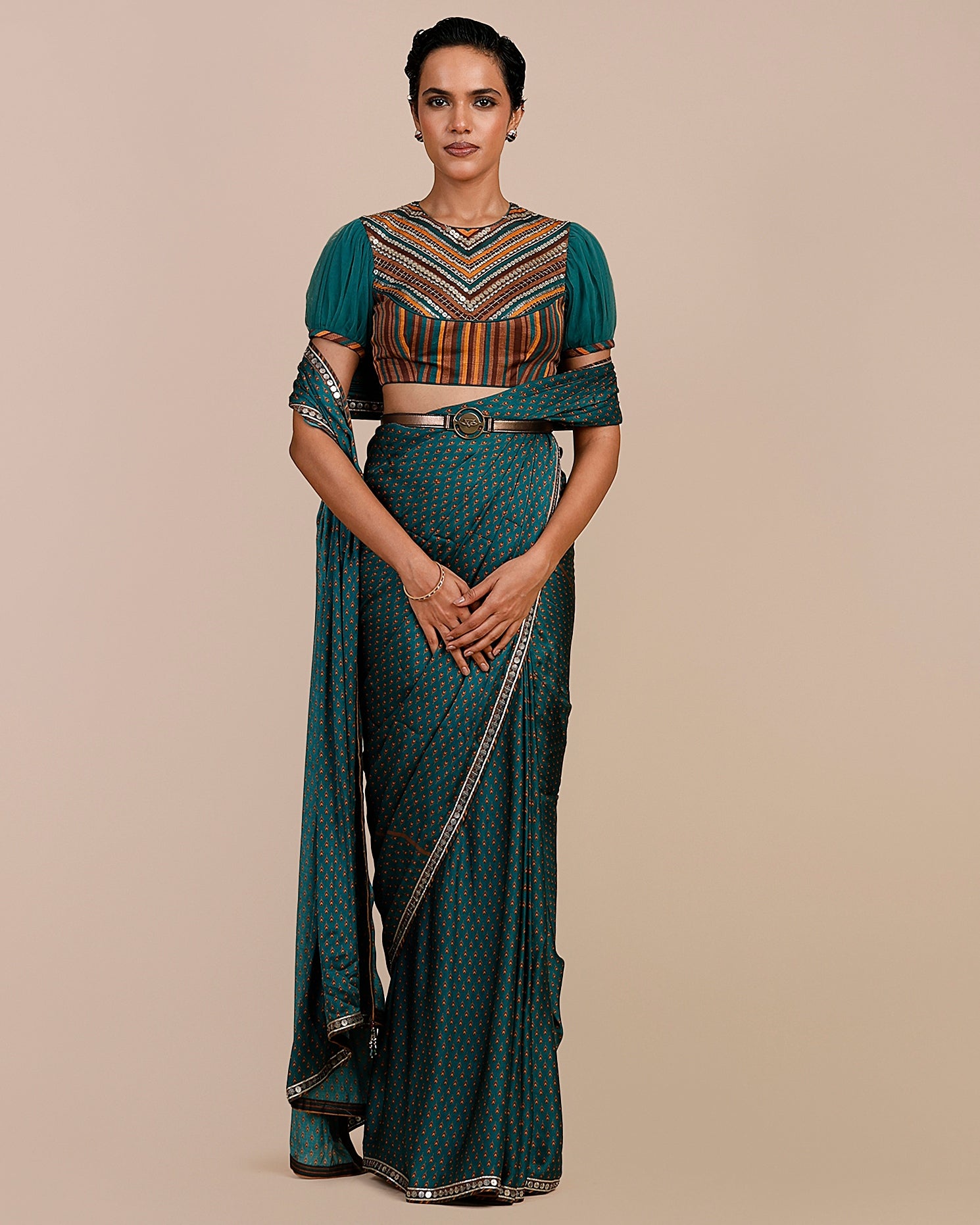 Teal Green - Mustard Yellow Sari Set