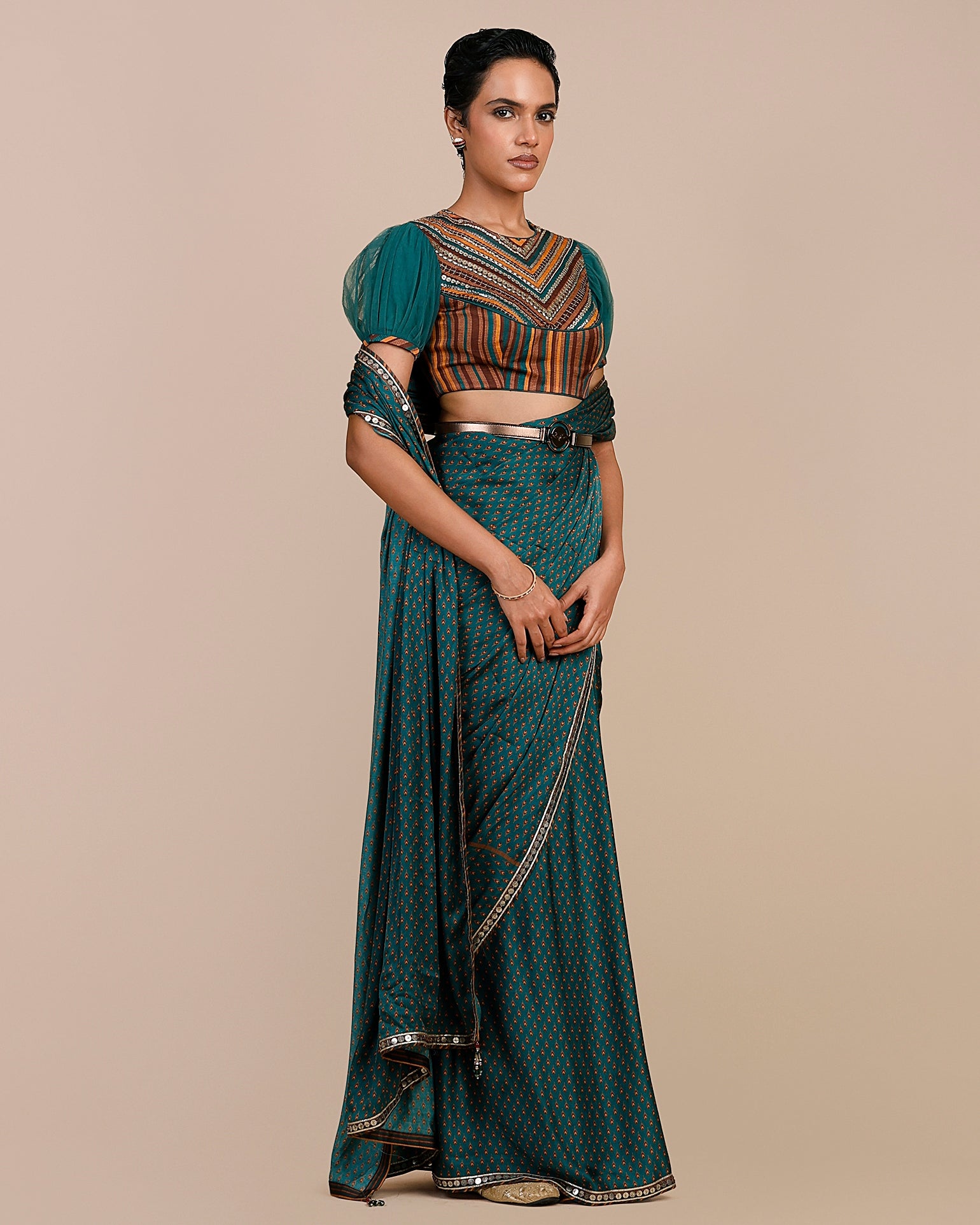 Teal Green - Mustard Yellow Sari Set