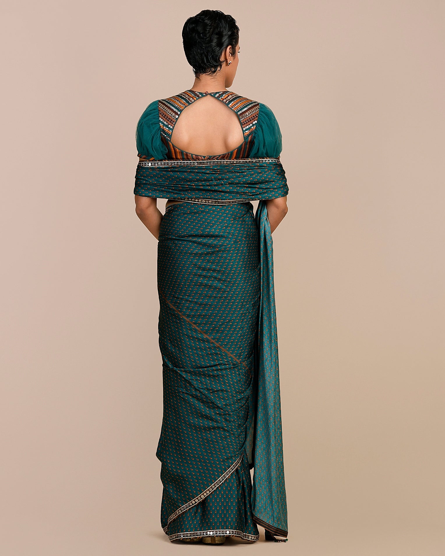 Teal Green - Mustard Yellow Sari Set