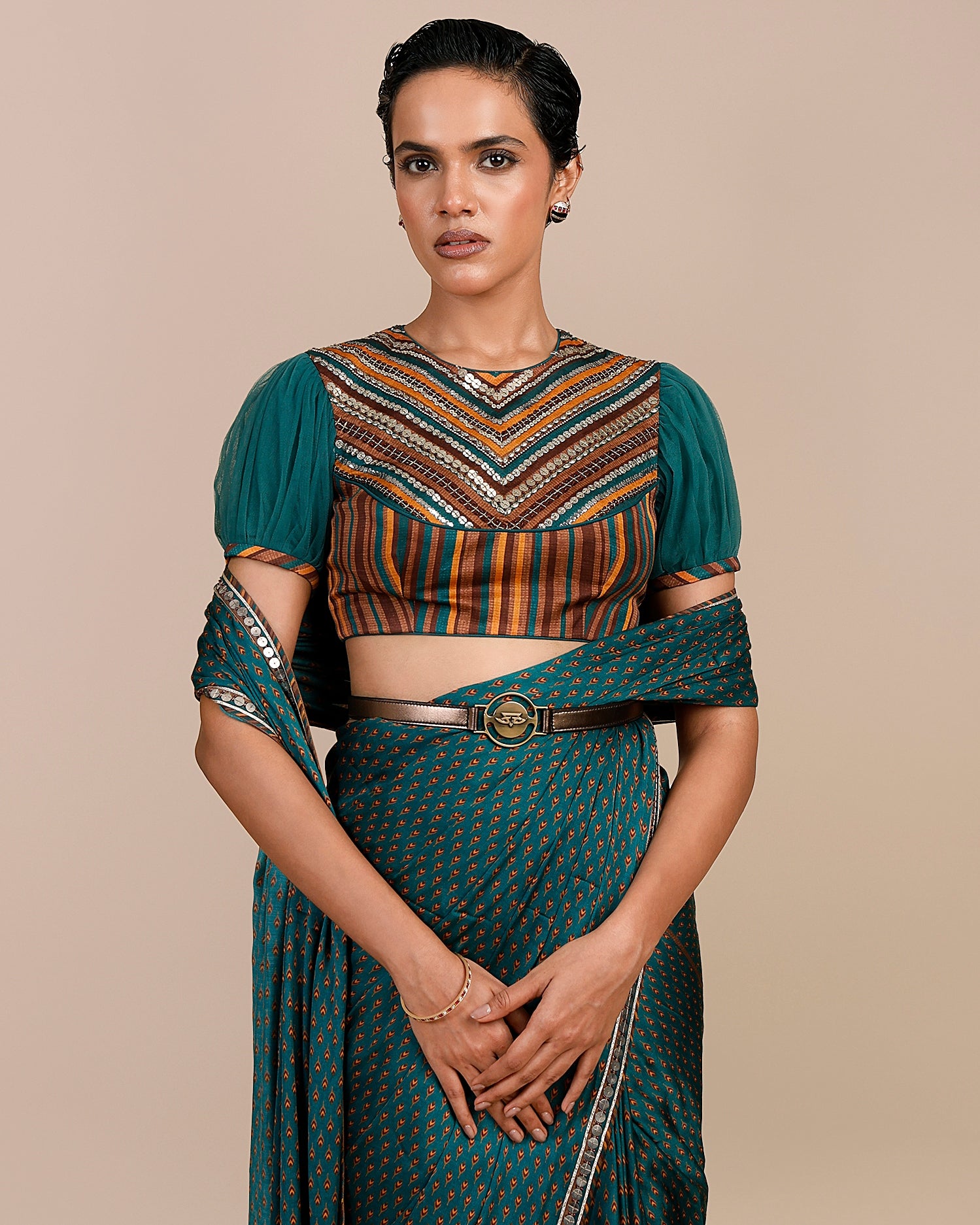 Teal Green - Mustard Yellow Sari Set