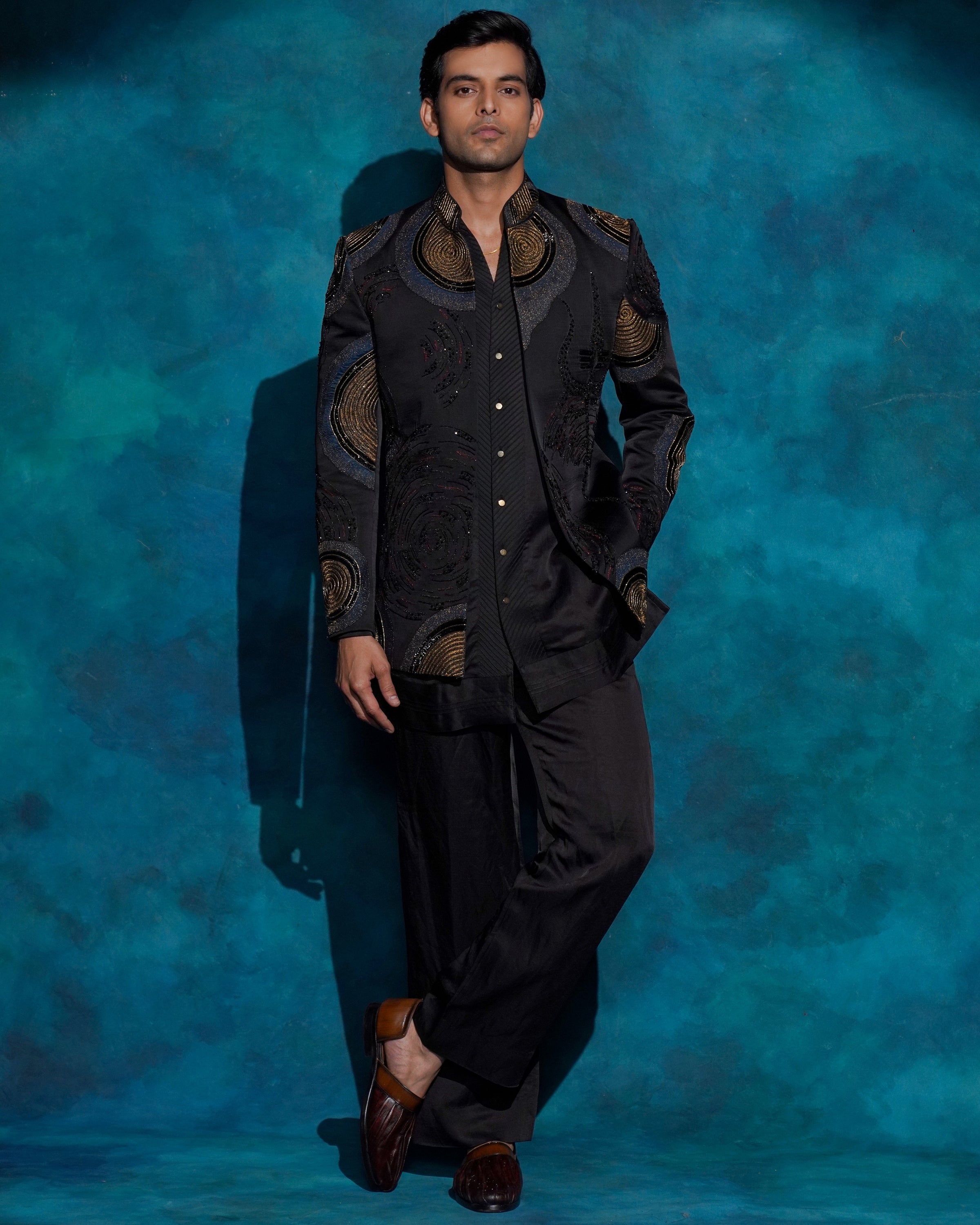 Black Hand Embroidered Open Bandhgala Set