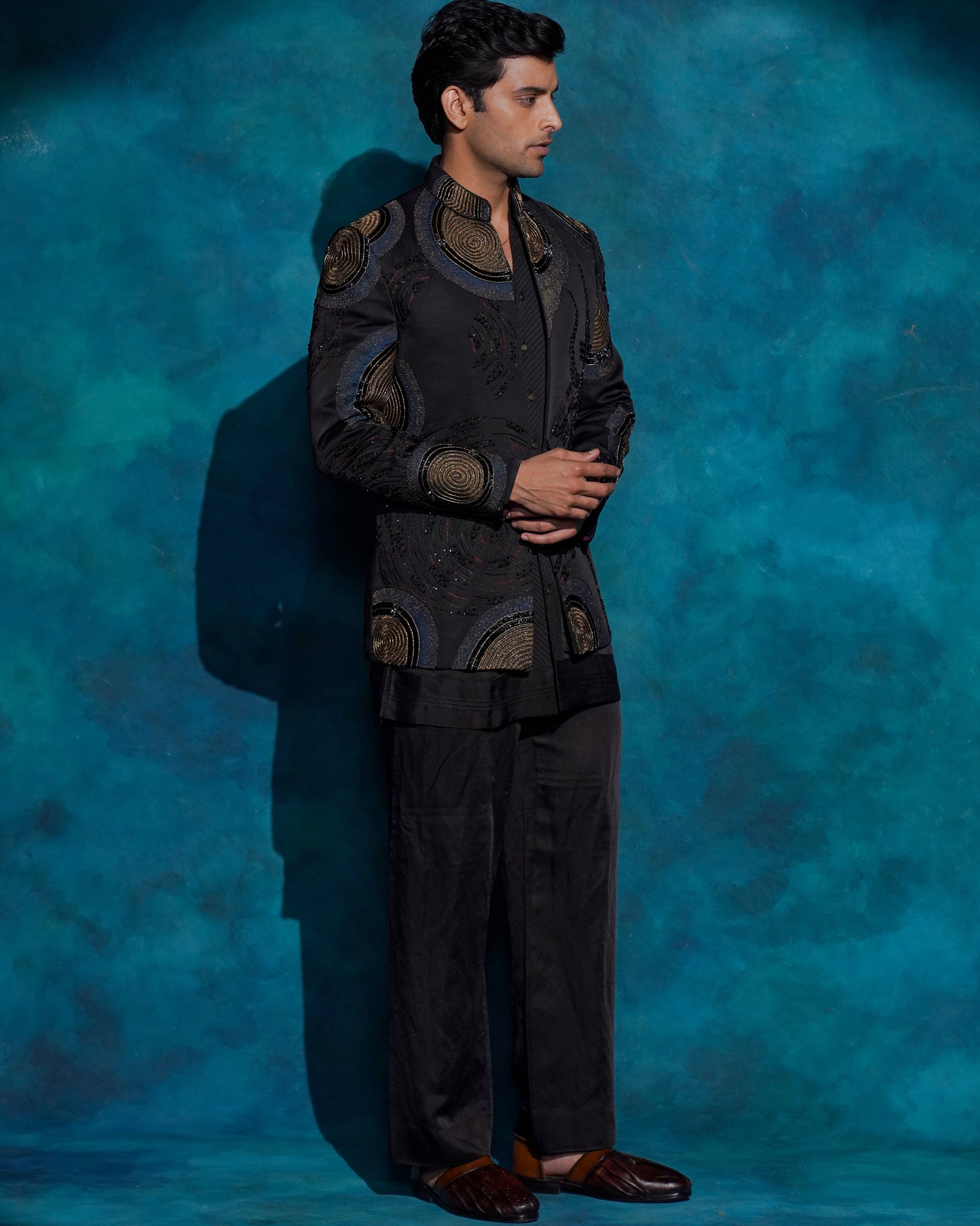 Black Hand Embroidered Open Bandhgala Set