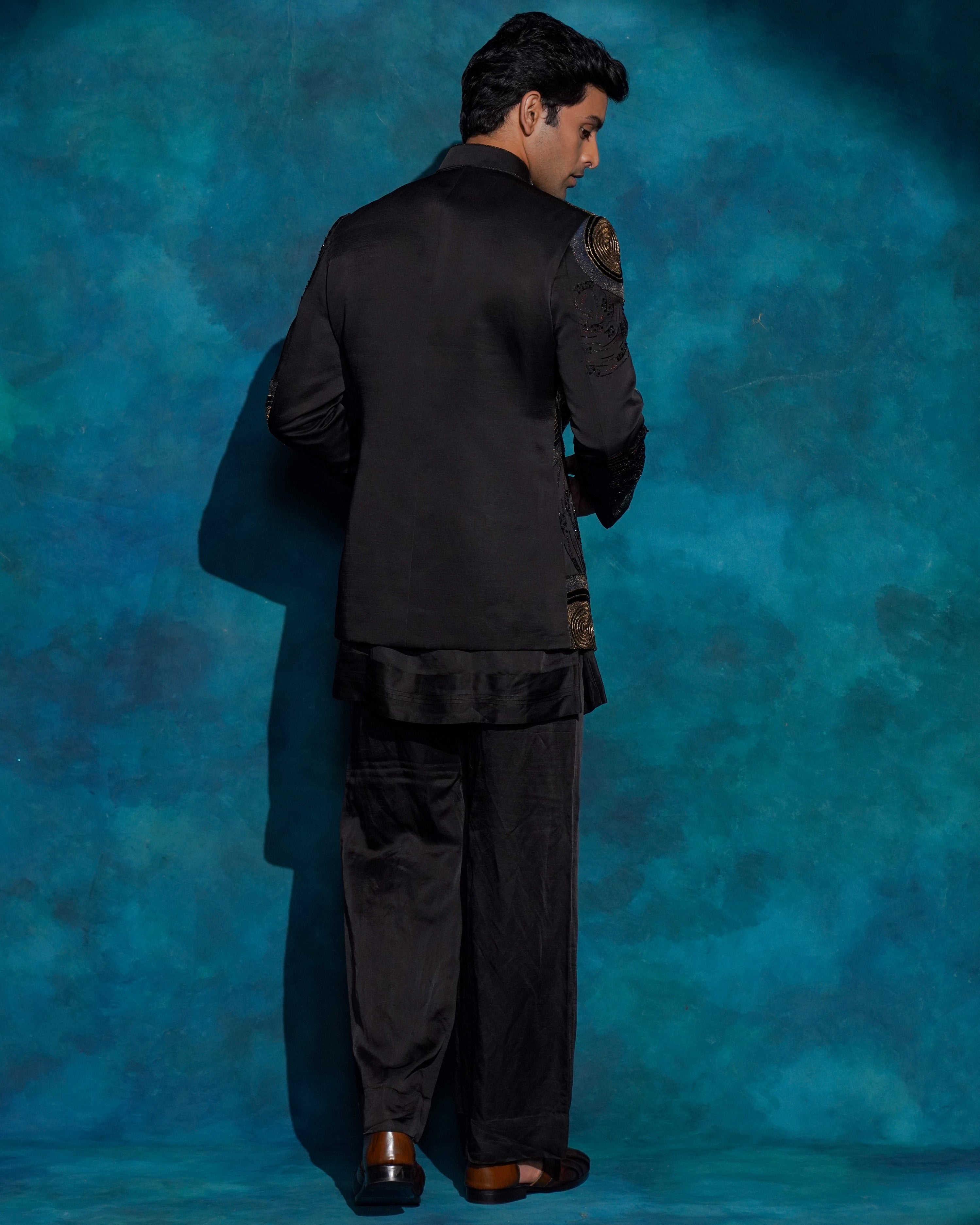 Black Hand Embroidered Open Bandhgala Set