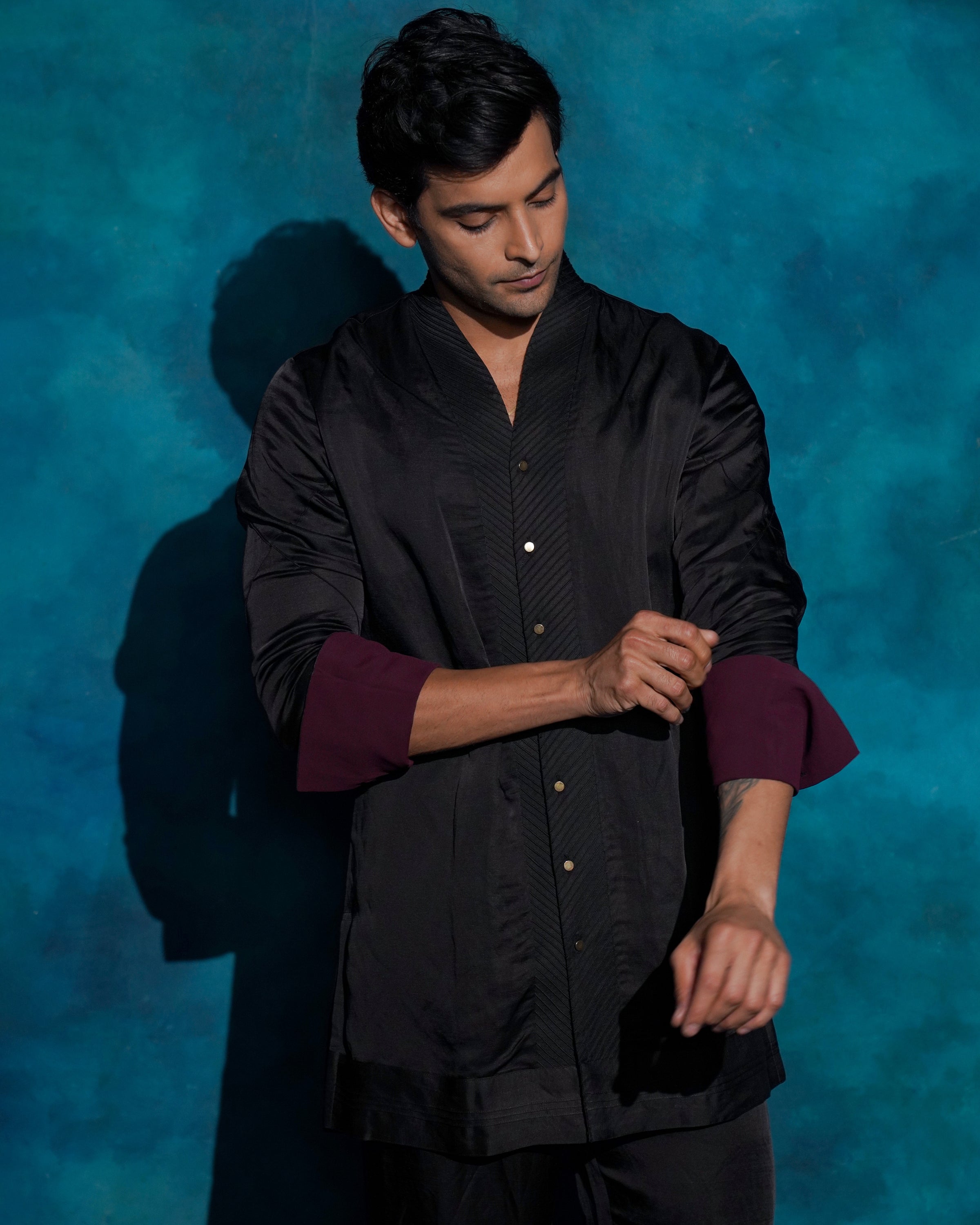 Black Hand Embroidered Open Bandhgala Set