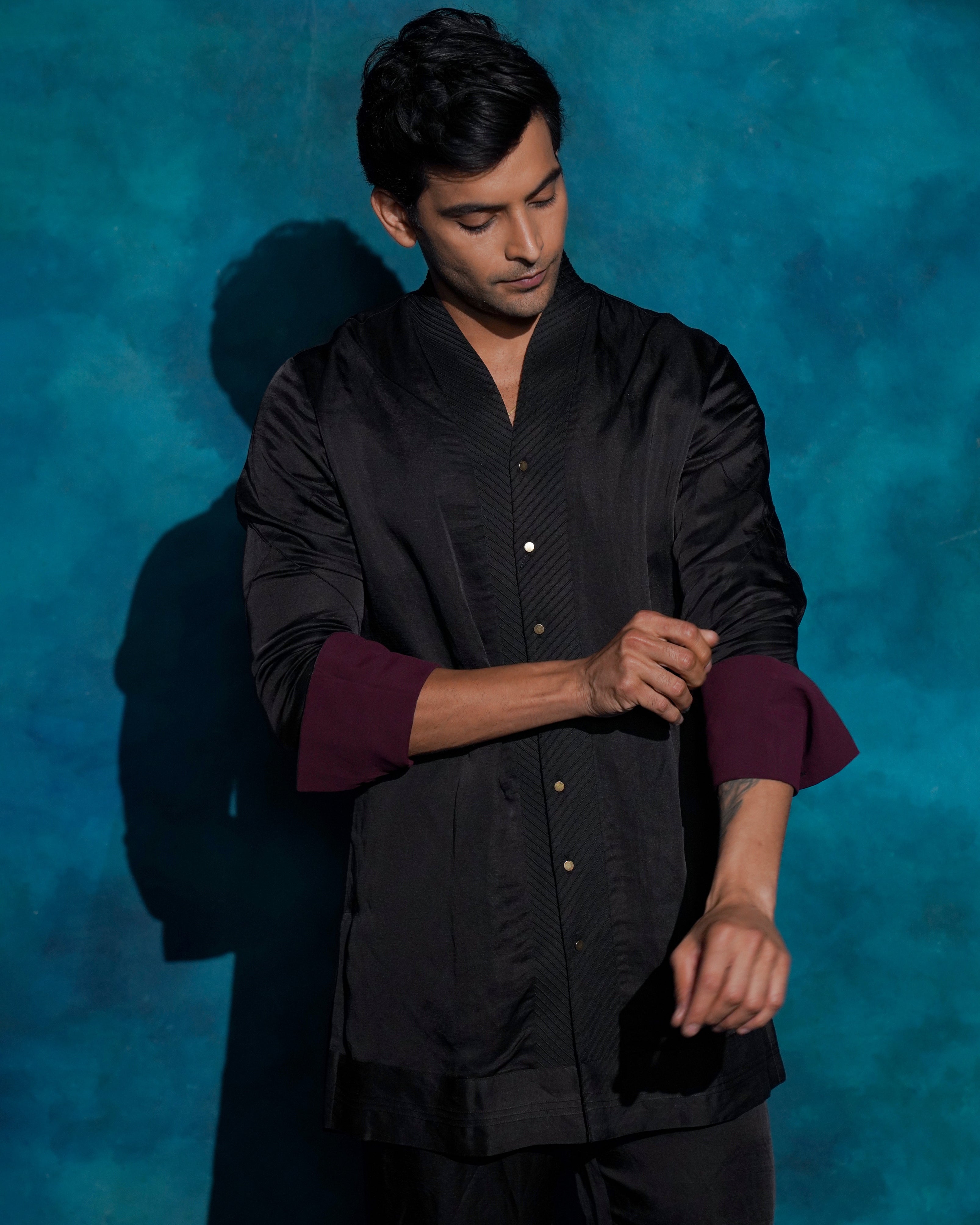 Black Hand Embroidered Open Bandhgala Set