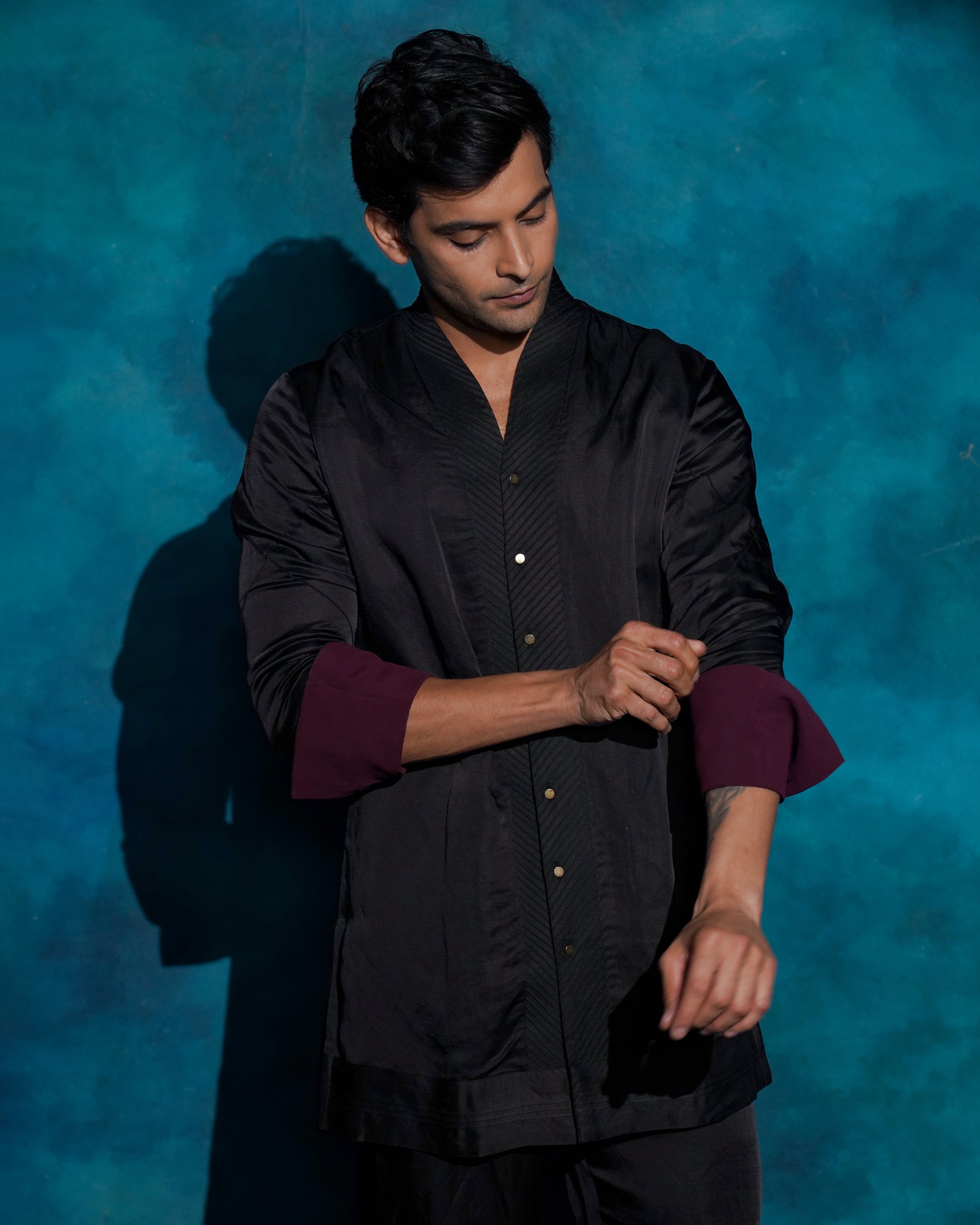 Black Shawl Collar Kurta Set