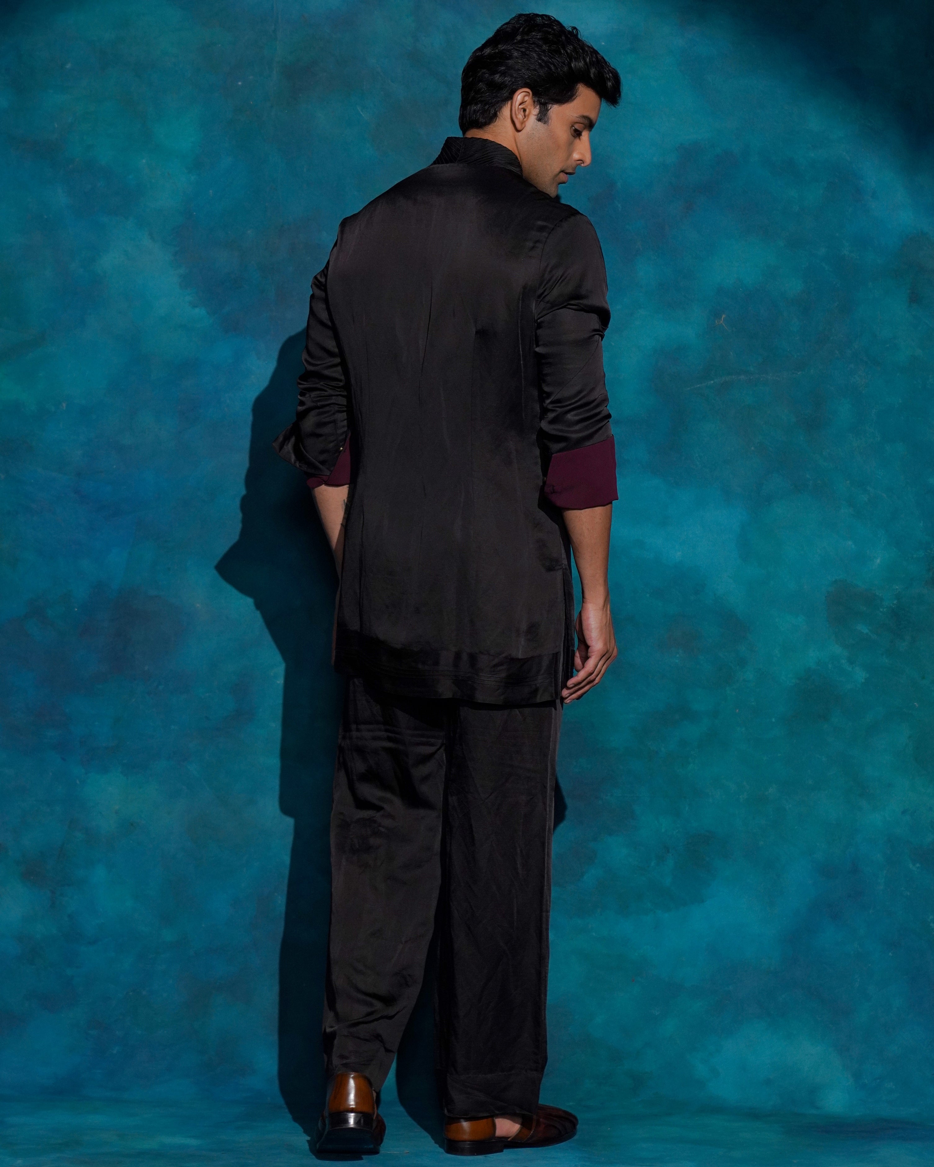 Black Shawl Collar Kurta Set