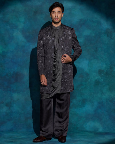 Charcoal Gray Hand Embroidered Contemporary Jacket Set