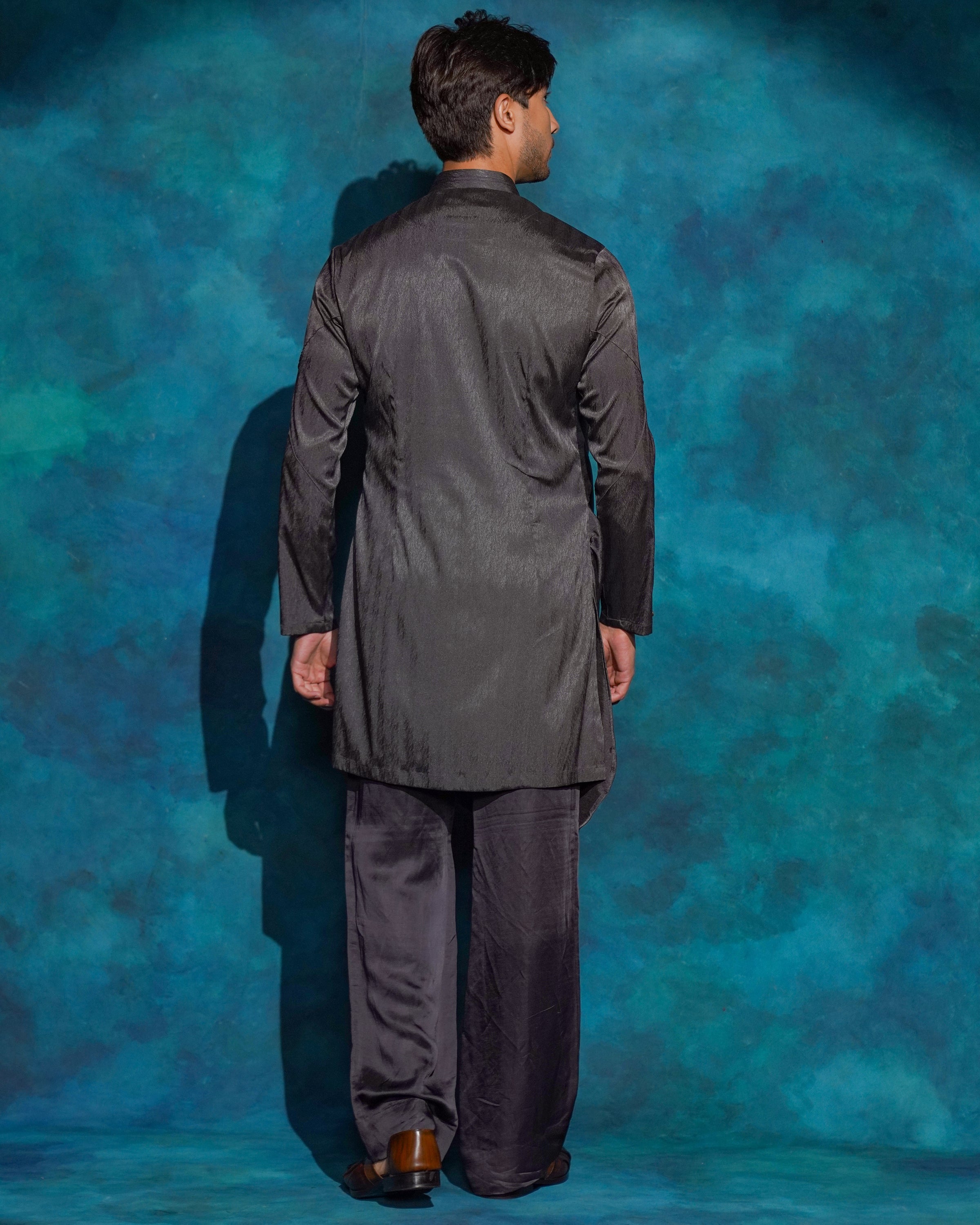 Charcoal Gray Hand Embroidered Contemporary Jacket Set