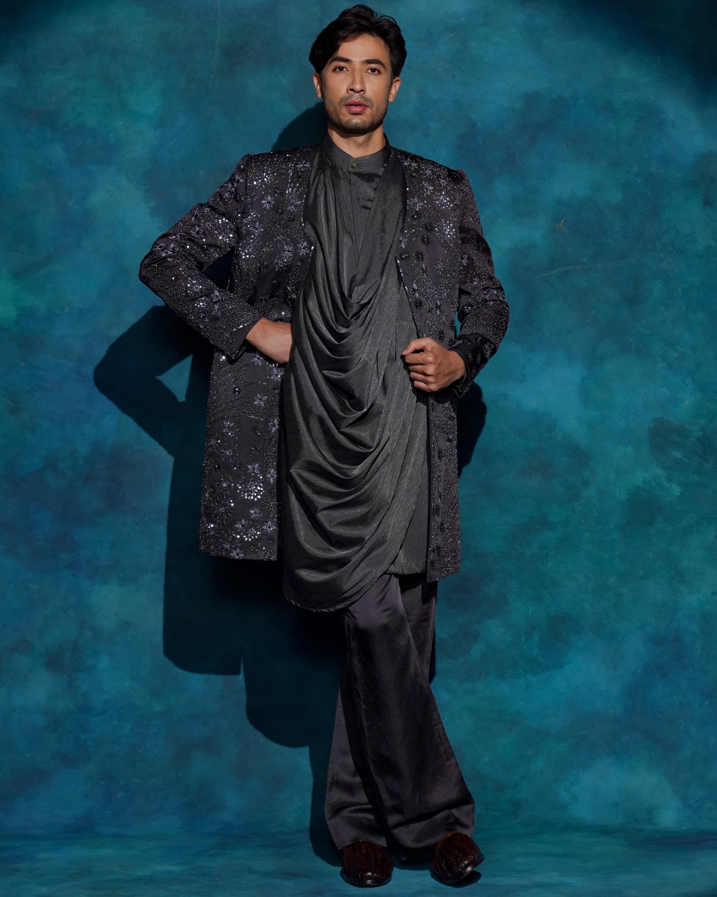 Charcoal Gray Hand Embroidered Contemporary Jacket Set