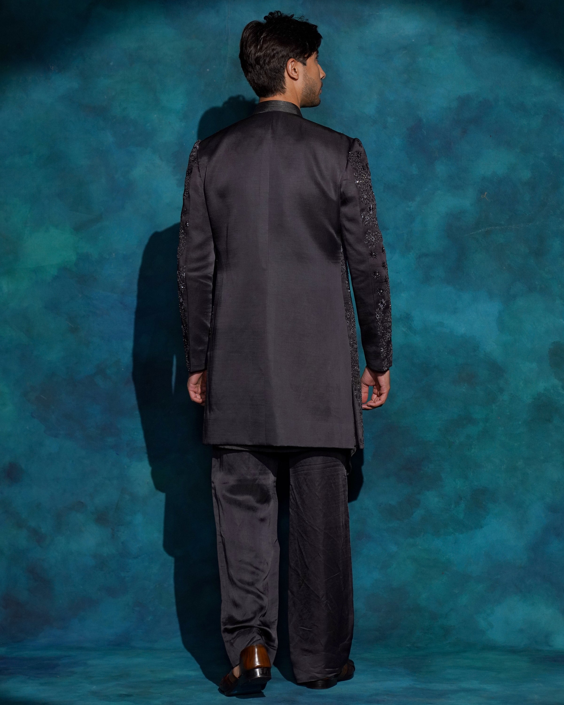 Charcoal Gray Hand Embroidered Contemporary Jacket Set