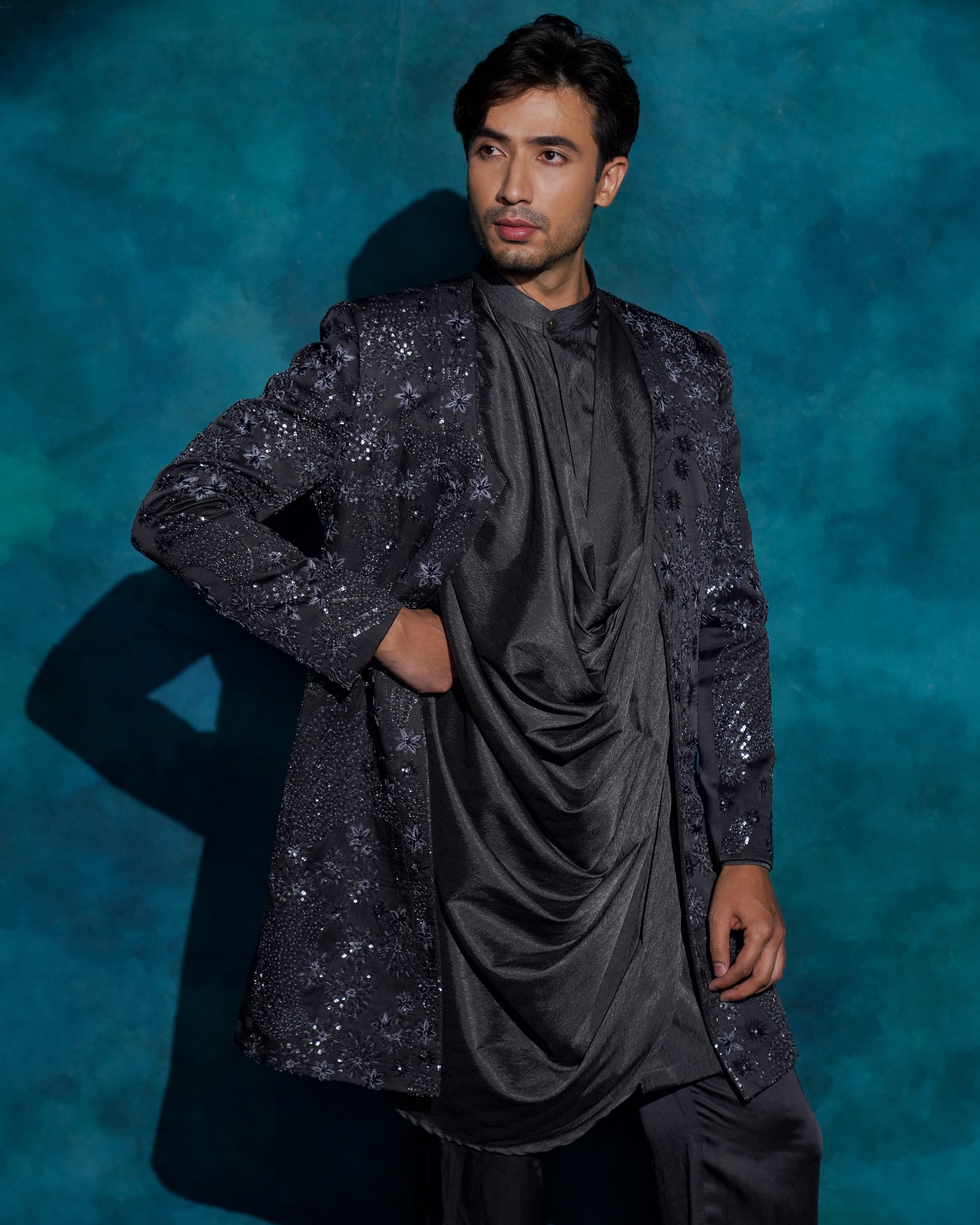 Charcoal Gray Hand Embroidered Contemporary Jacket Set