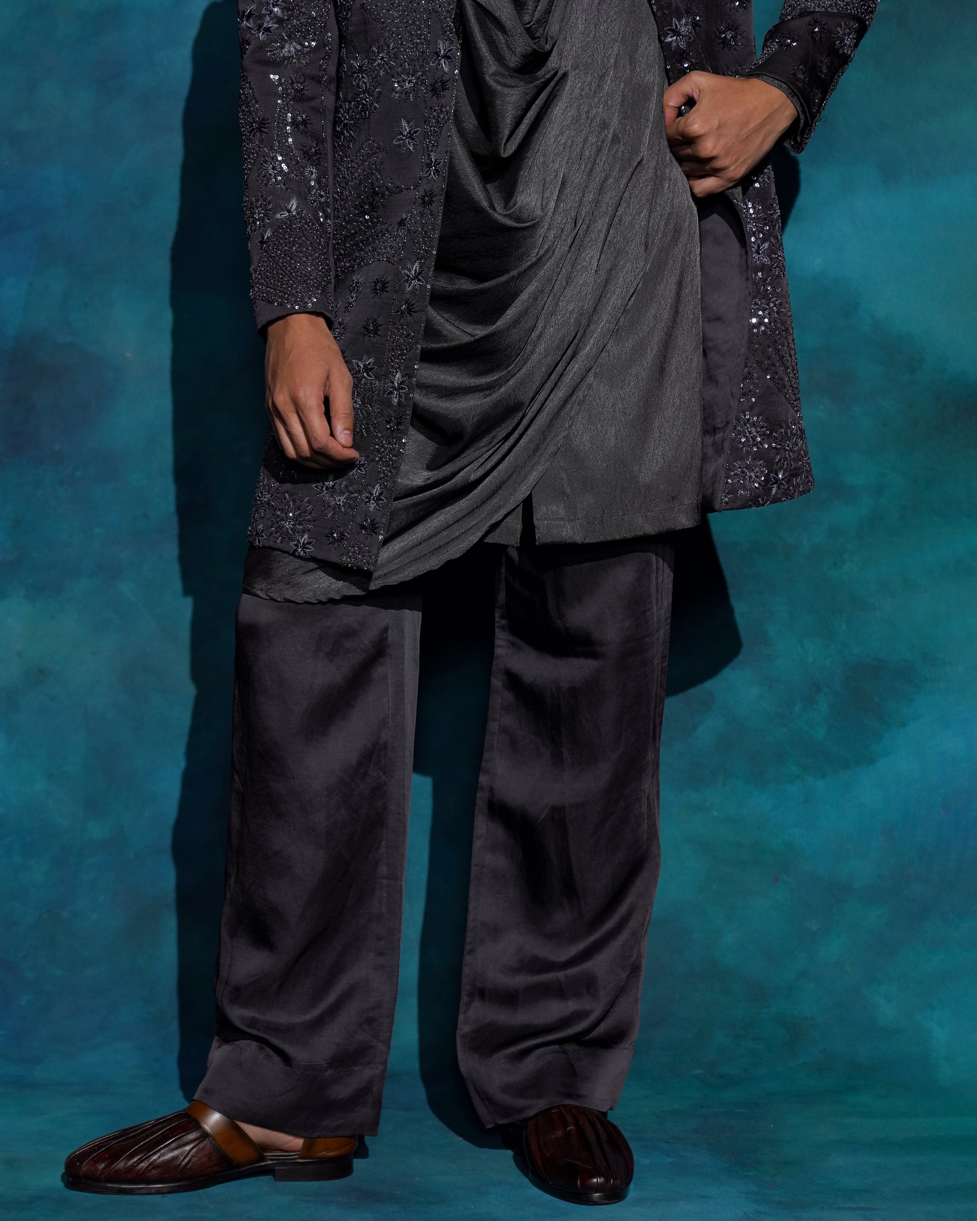 Charcoal Gray Hand Embroidered Contemporary Jacket Set