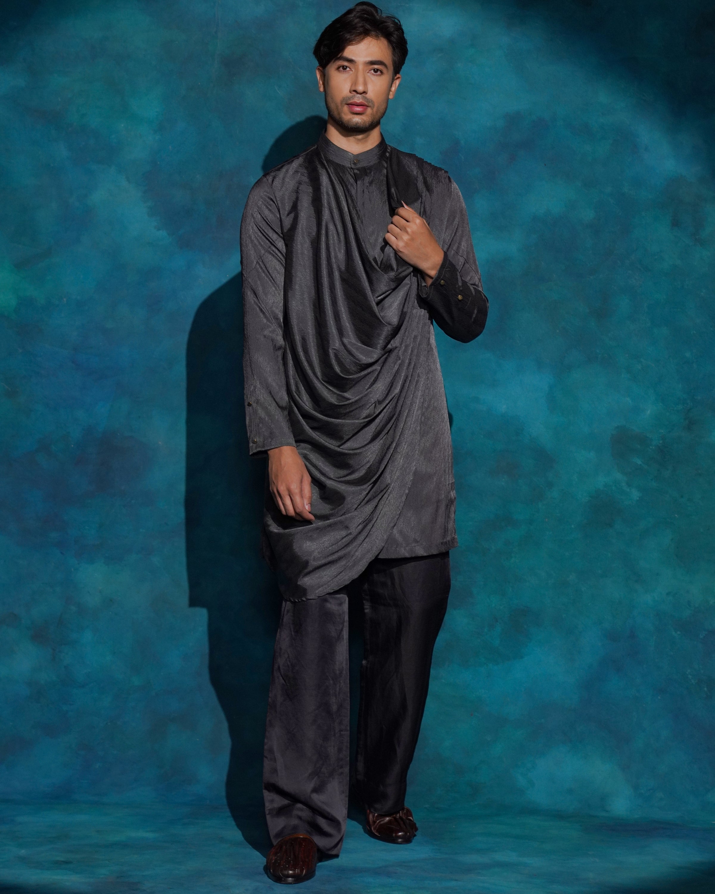 Charcoal Gray Hand Embroidered Contemporary Jacket Set