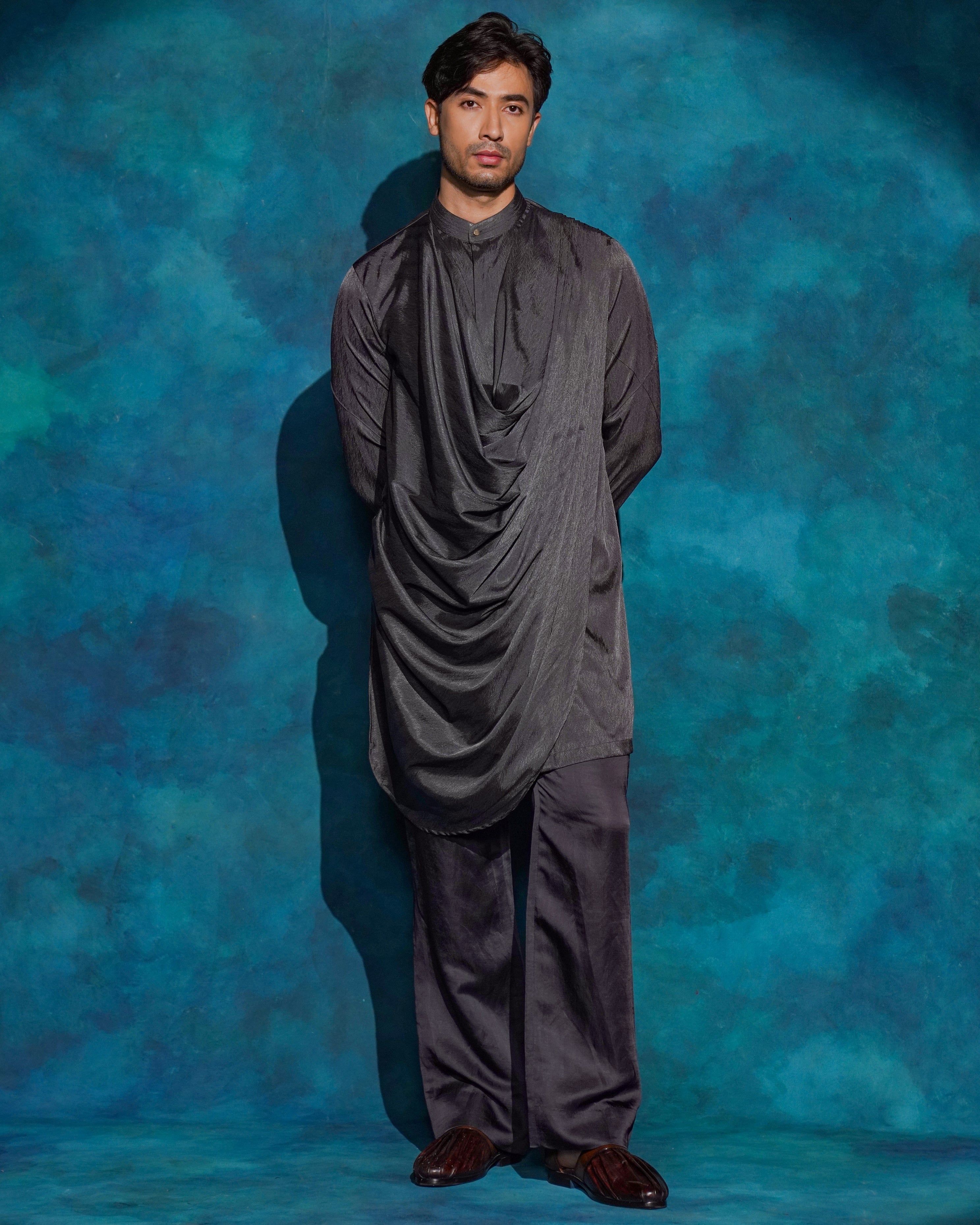 Charcoal Gray Hand Embroidered Contemporary Jacket Set