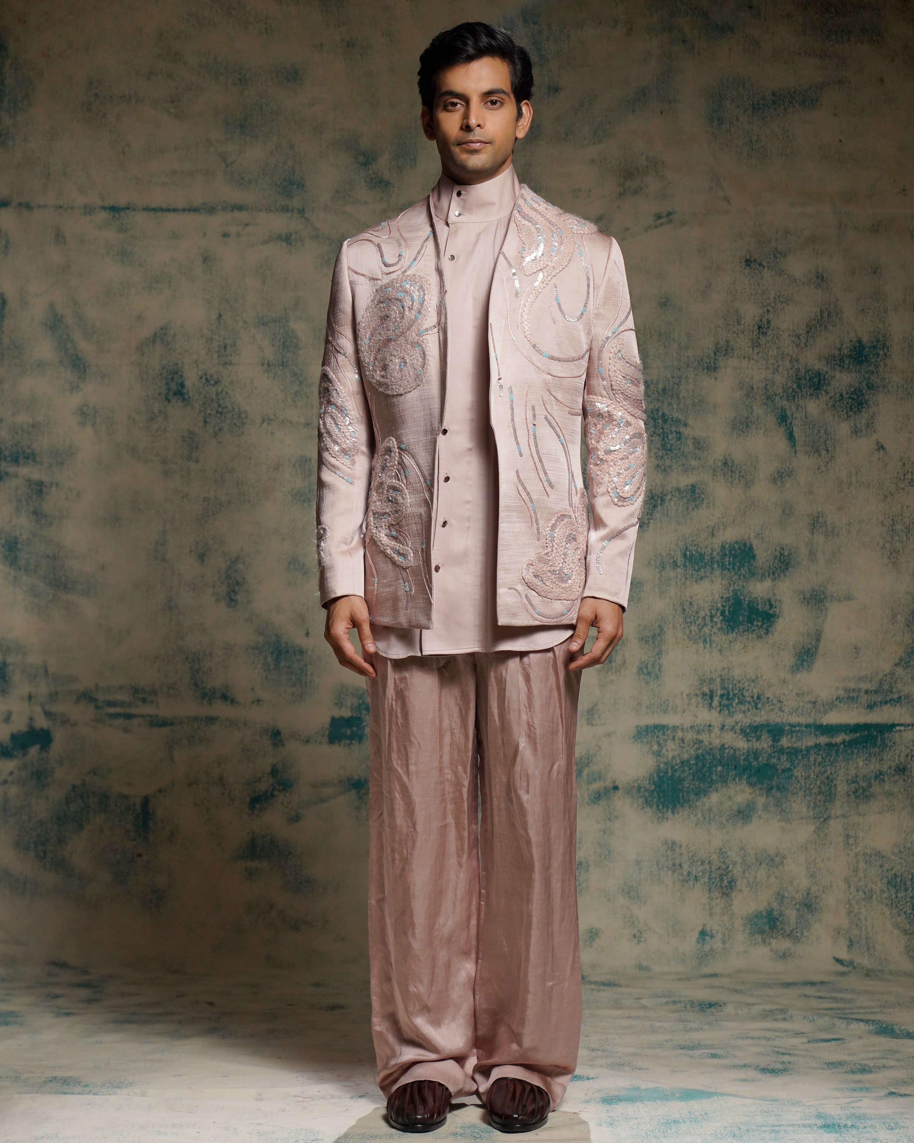 Mauve Hand Embroidered Concept Blazer Set.