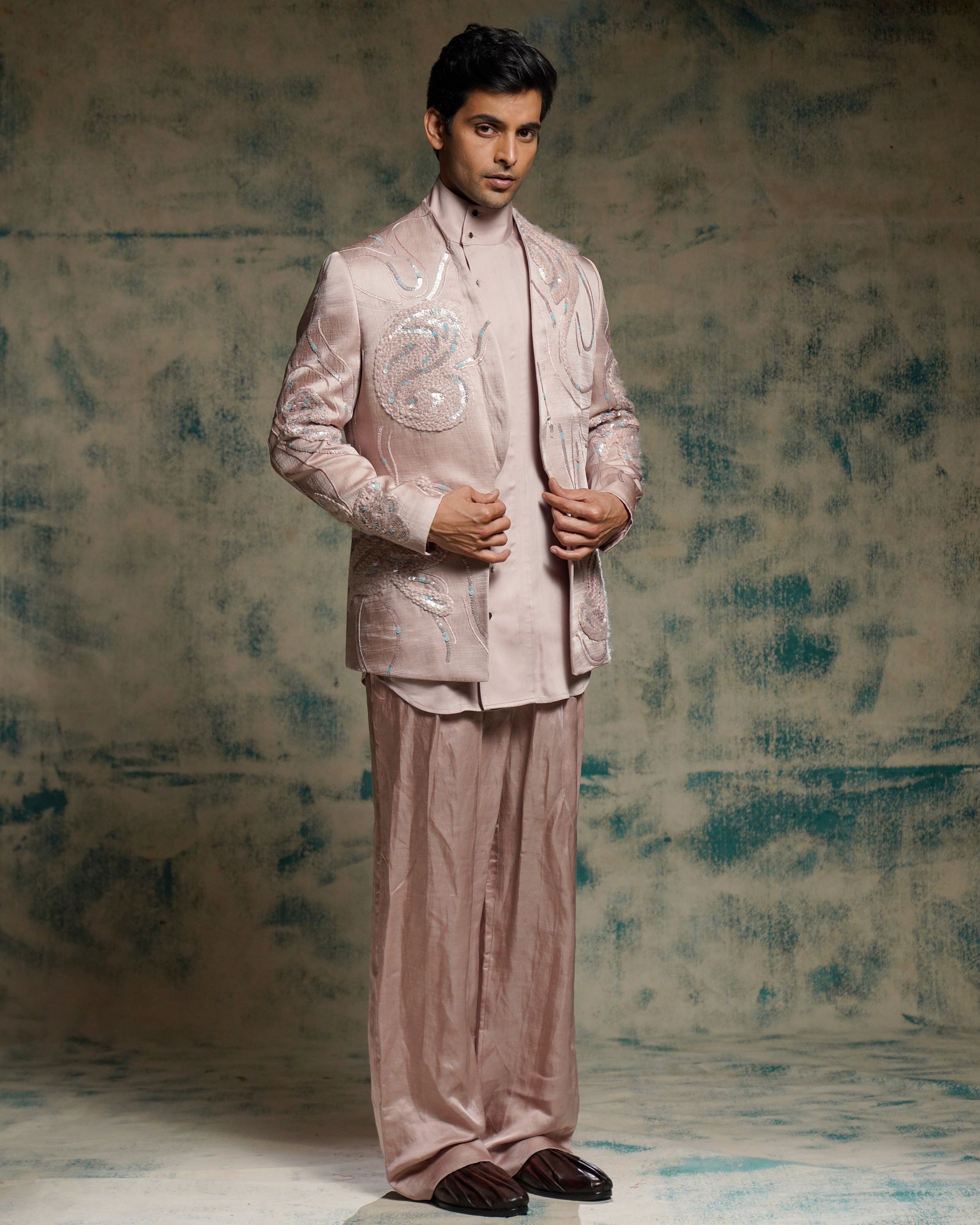 Mauve Hand Embroidered Concept Blazer Set.